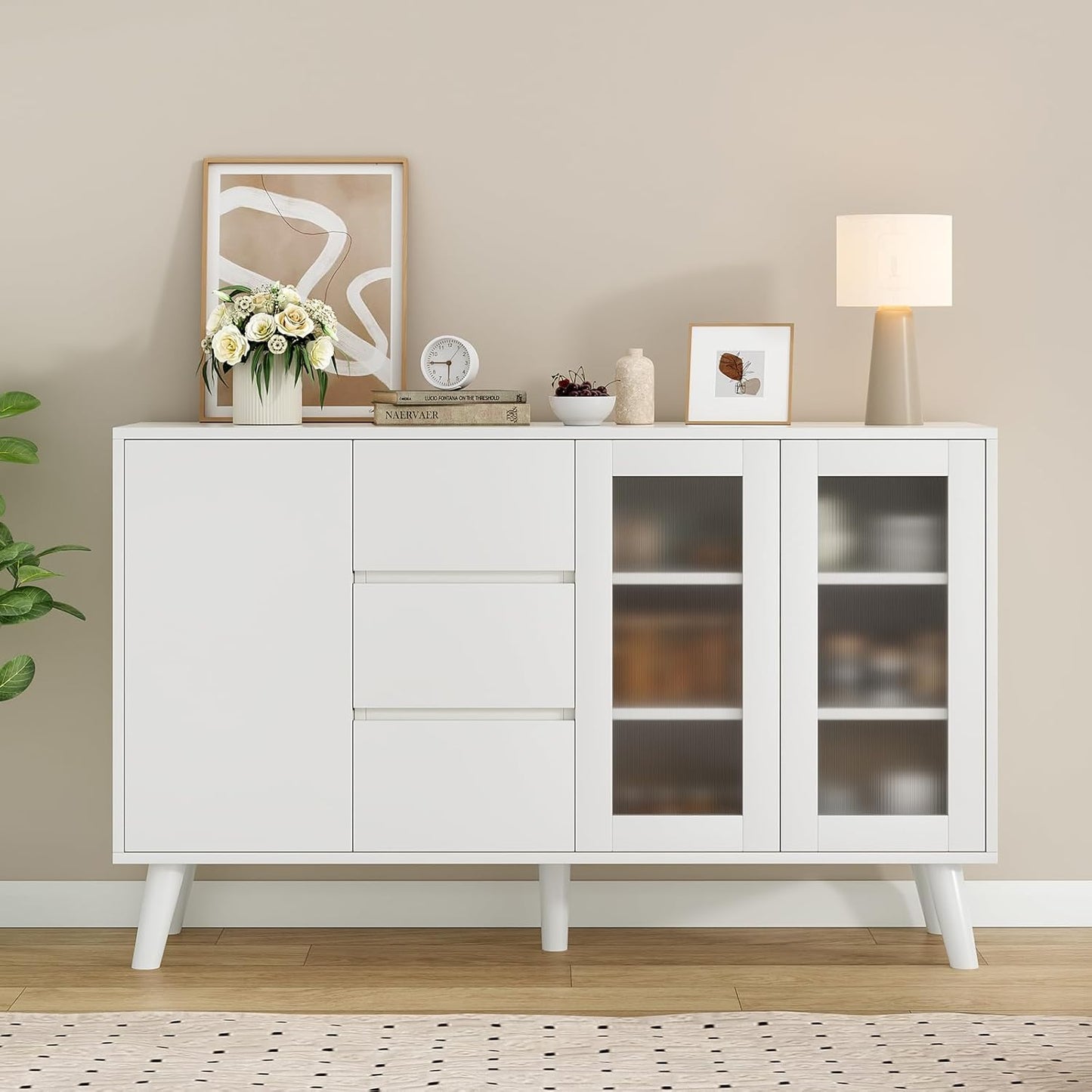 Farini Farmhouse Buffet Cabinet, 55.5" Coffee Bar with 3 Drawers and Pop-Up Doors, Large Rustic Sideboard for Dining Room, Kitchen, Hallway, and Living Room