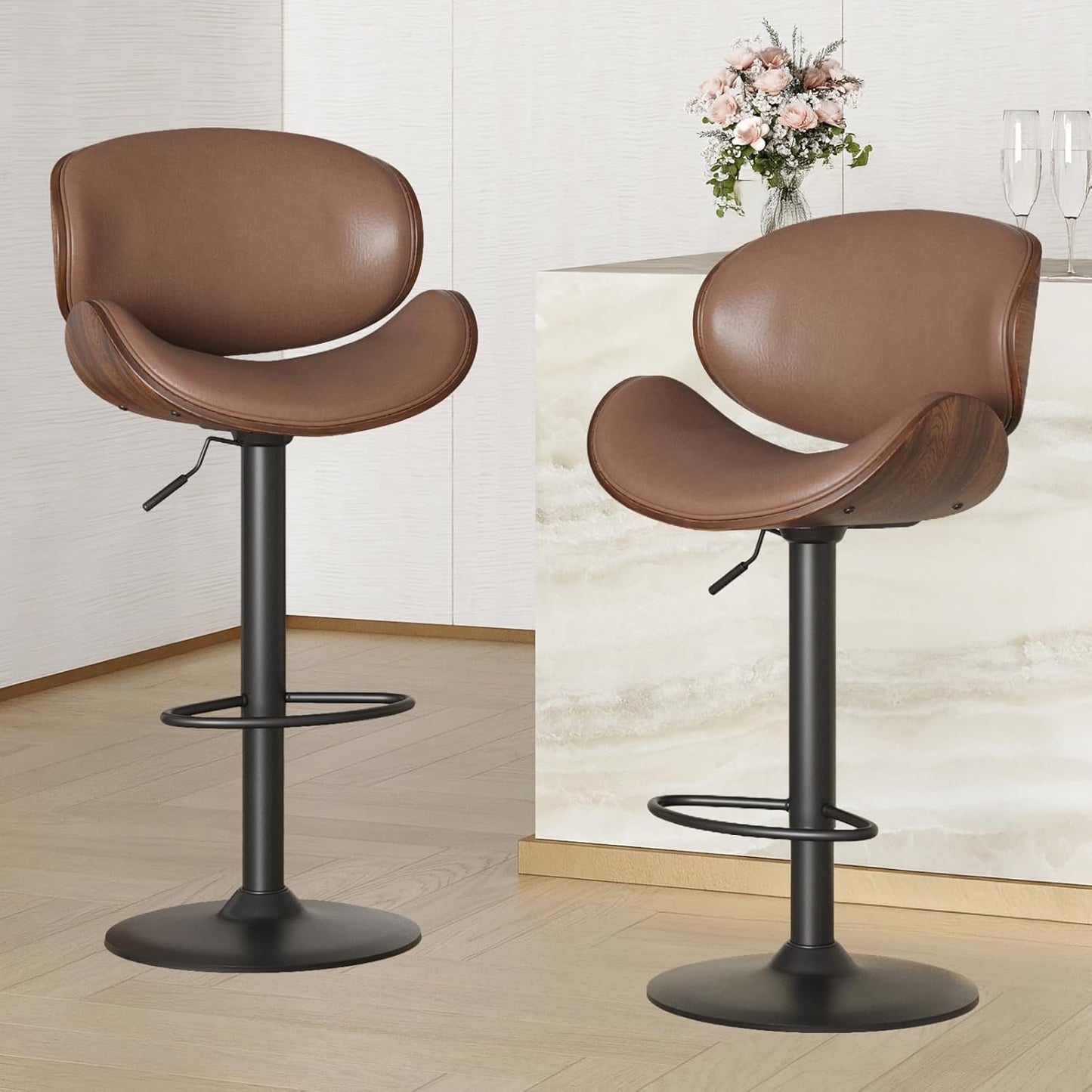 Farini Adjustable Bar Stools Set for 2, Ergonomic Modern Swivel Bar Stools with Back for Kitchen Island, PU Leather Bar Stool with Footrest Mid Century Barstools, Industrial Counter Height Bar Stools