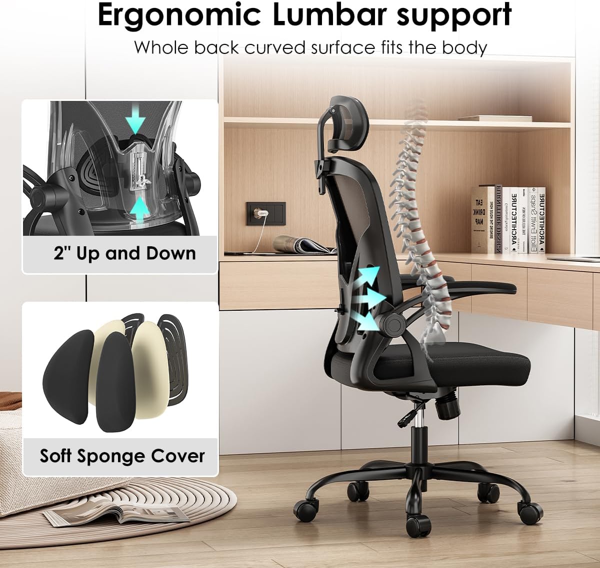 Farini Ergonomic Office Chair, Home Office Desk Chair with Headrest, High Back Computer Chair with Armrests and Adjustable Lumbar Support for Home Office Study Room, White & Khaki
