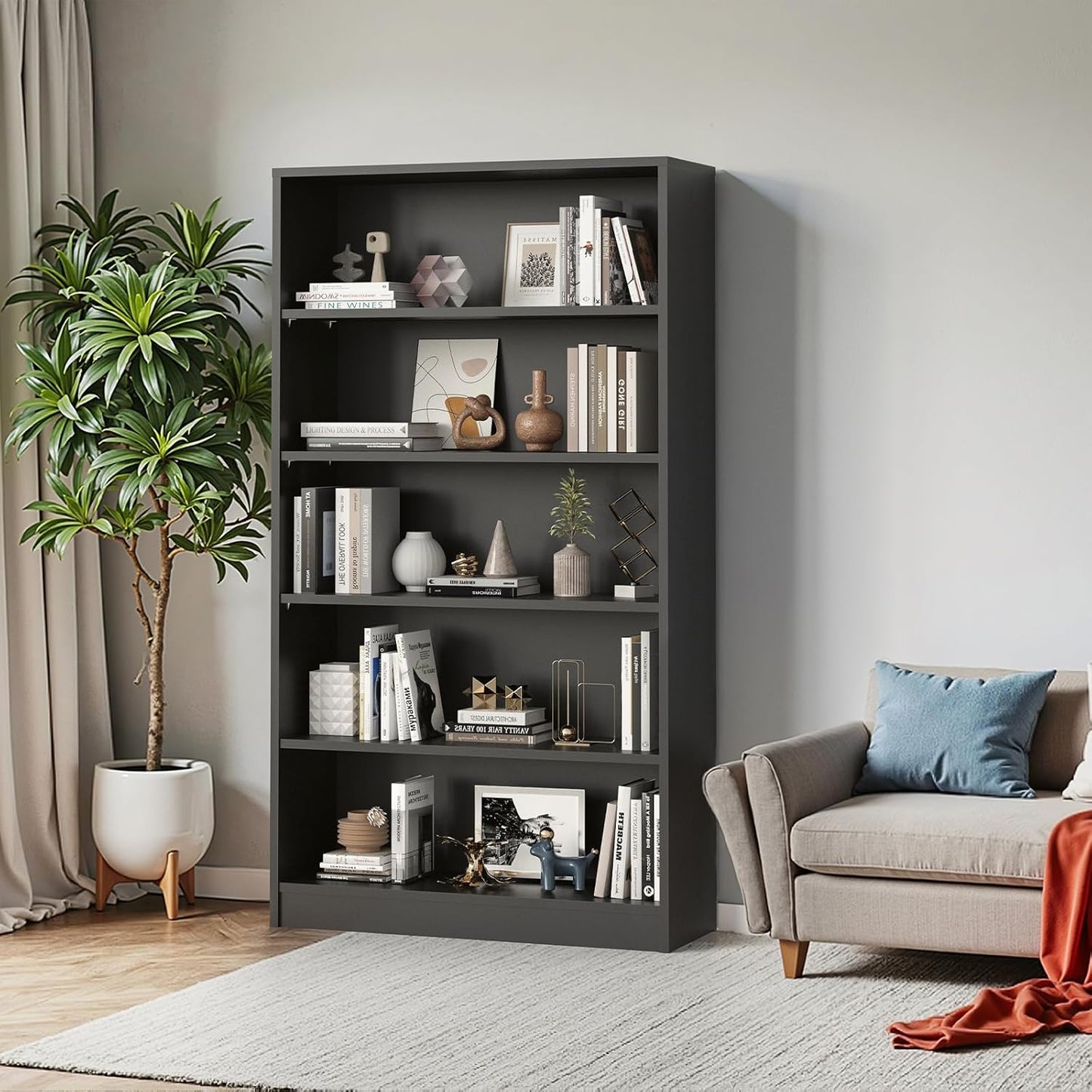 Farini 5 Tiers Bookcase, Wooden Bookcase with Adjustable Shelves for Home, Office