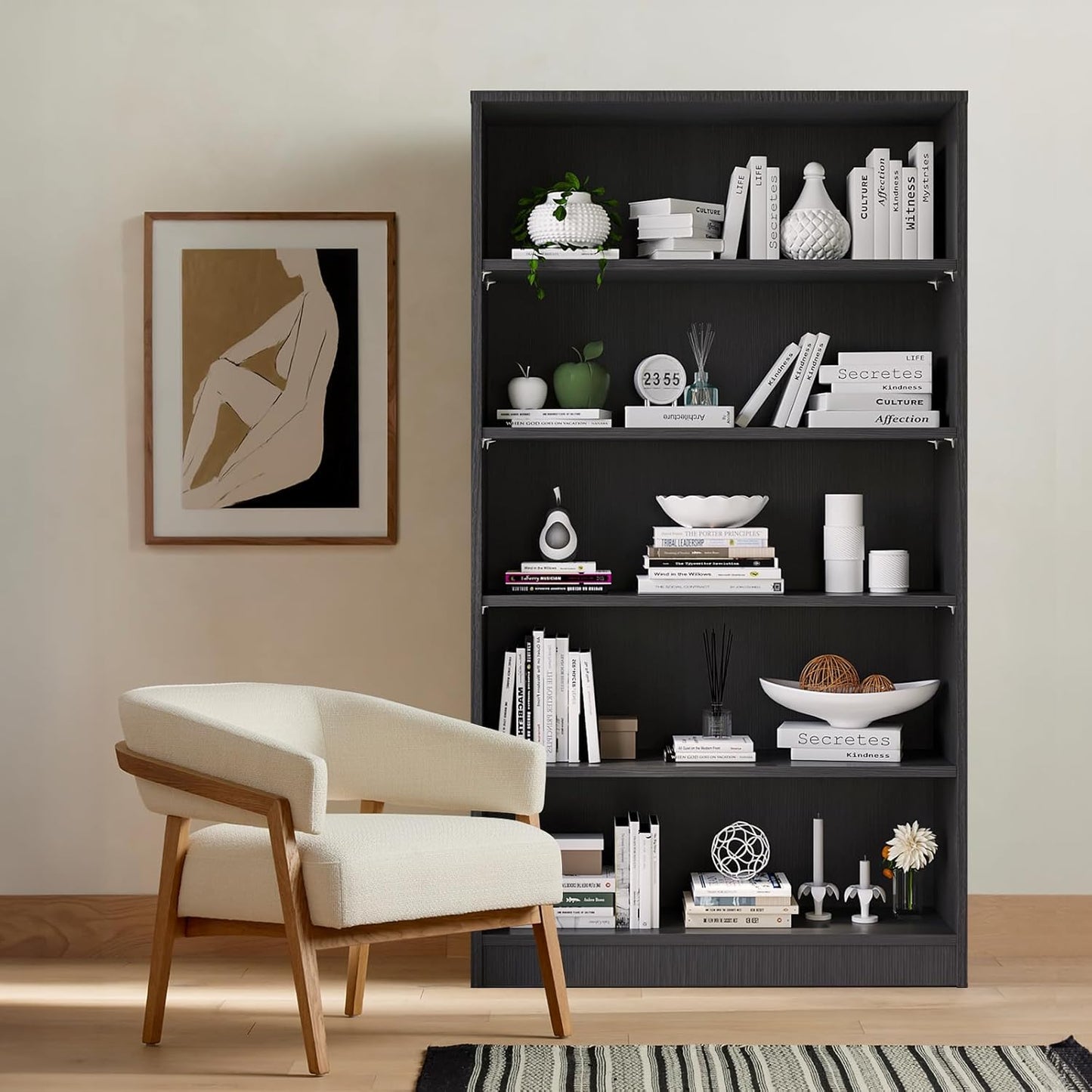 Farini Bookshelf With Adjustable Shelves, 5 Shelf Bookcase for Living Room, Bedroom - Large Tall Wood Book Case, 60 in Tall, 33 in Wide, 11.6 in Deep, Gray