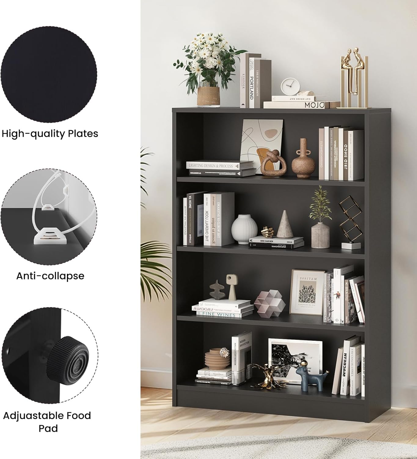 Farini 4 Tiers Bookcase, Wooden Bookcase with Adjustable Shelves for Home, Office