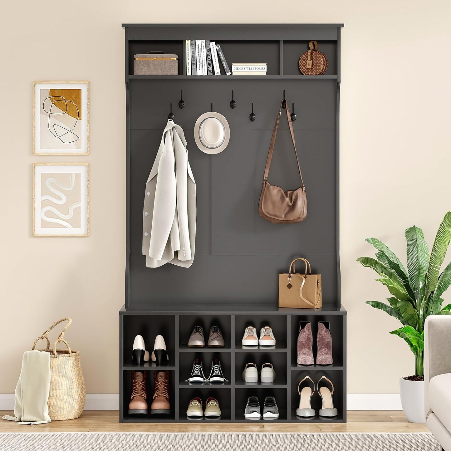 Farini 70.9 Inches Hall Tree With Bench and Shoe Storage for Mud Room, Freestanding Entryway With 7 Coat Racks and Seating, Adjustable Mudroom Storage, Black