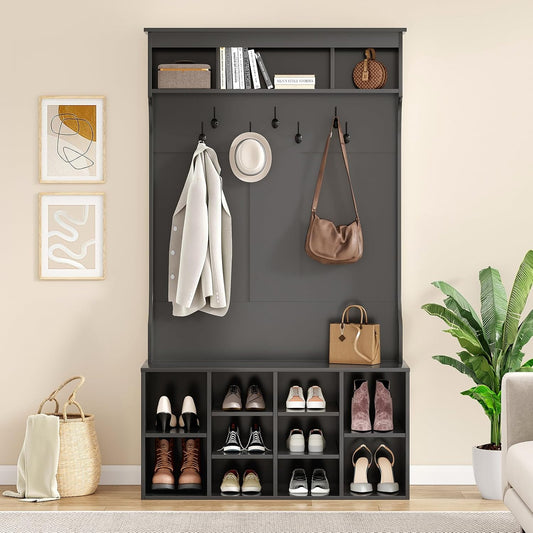 Farini 70.9 Inches Hall Tree With Bench and Shoe Storage for Mud Room, Freestanding Entryway With 7 Coat Racks and Seating, Adjustable Mudroom Storage, Black