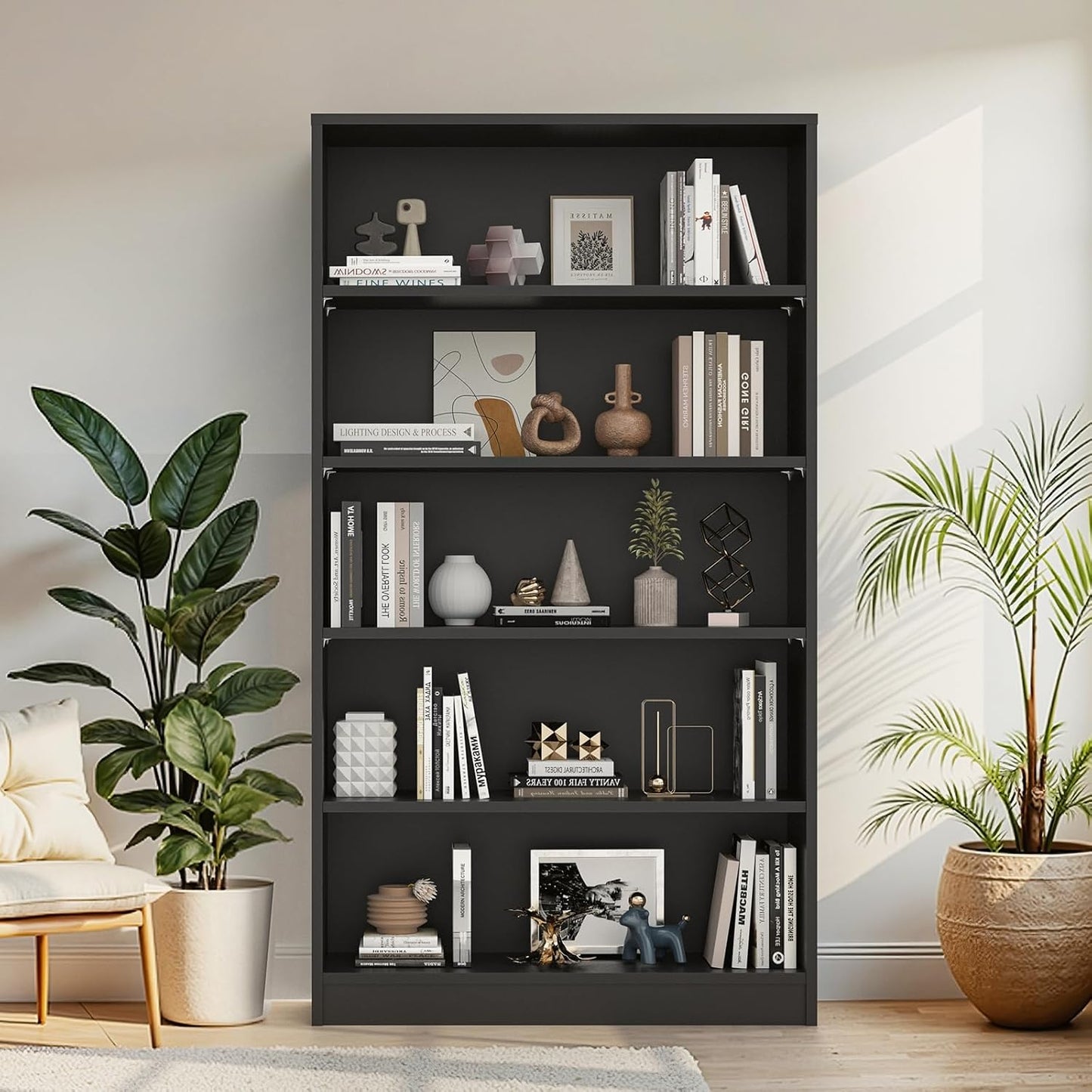 Farini 5 Tiers Bookcase, Wooden Bookcase with Adjustable Shelves for Home, Office