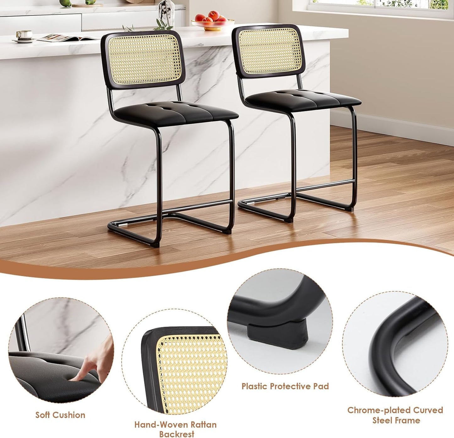 Farini Counter Height Bar Stools Set of 2, Upholstered PU Leather Barstools with Rattan Back, 24 inch Stools Armless Bar Chairs for Kitchen Island