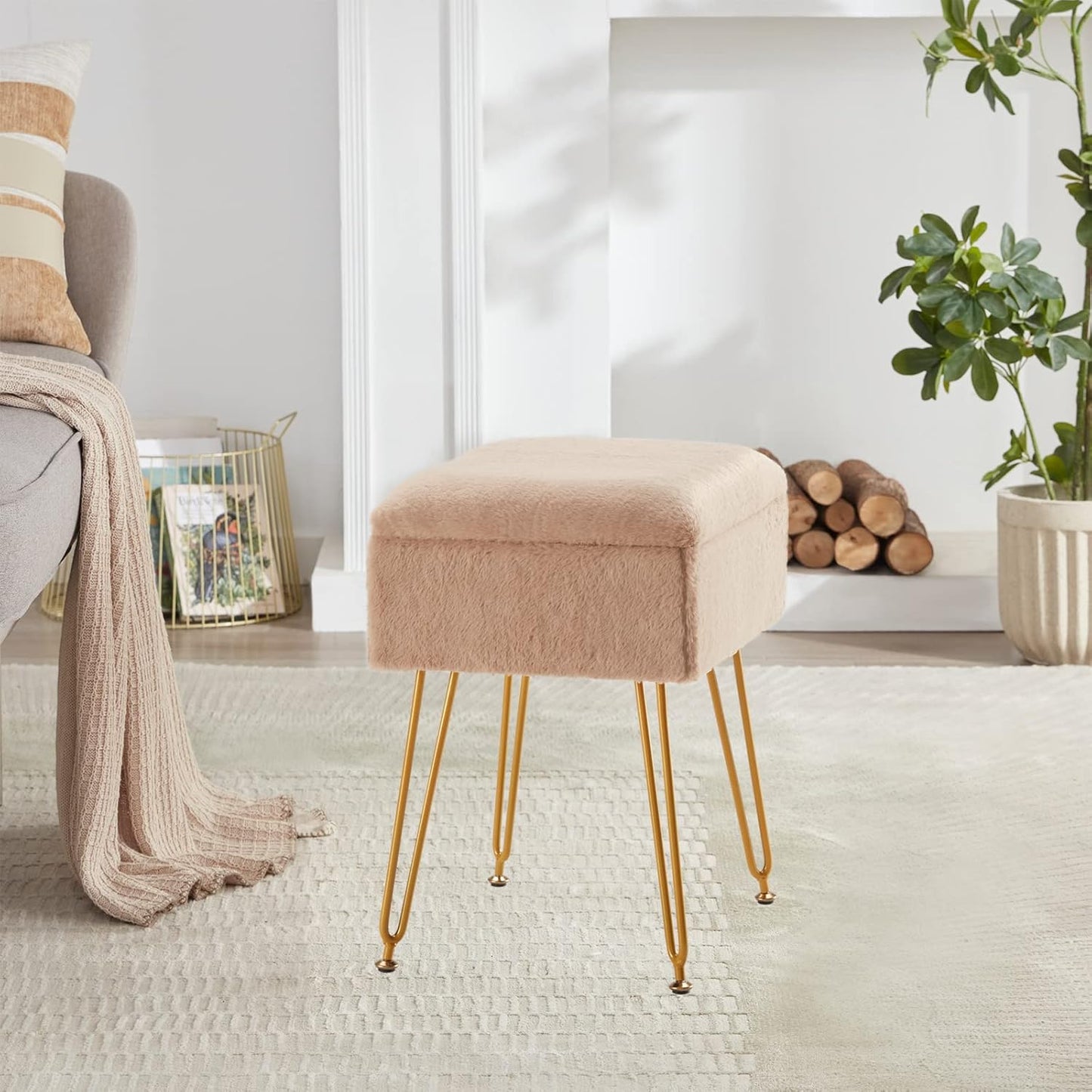 Farini Vanity Chair Storage Ottoman, Faux Fur Makeup Stool, Foot Rest for Living Room, Bedroom, Metal Legs