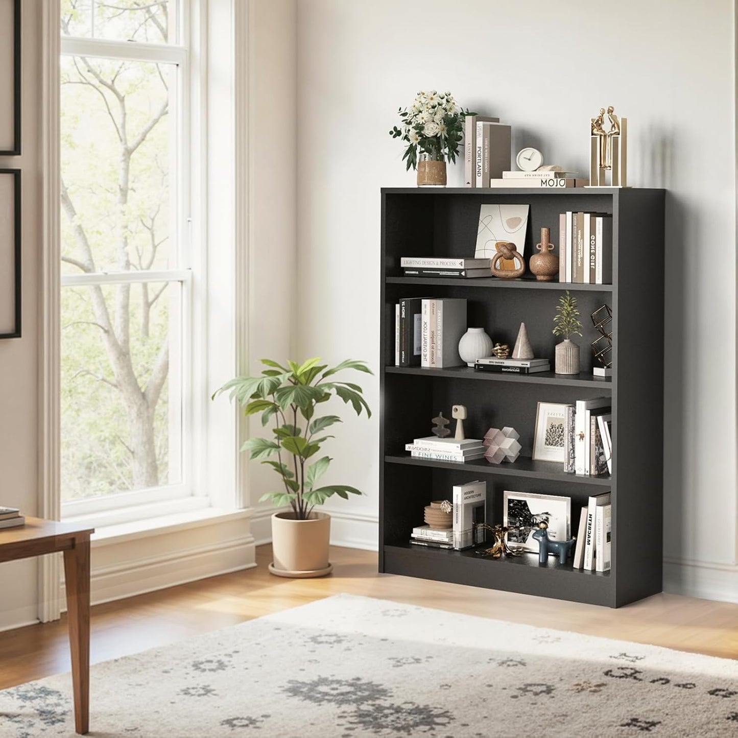 Farini 4 Tiers Bookcase, Wooden Bookcase with Adjustable Shelves for Home, Office