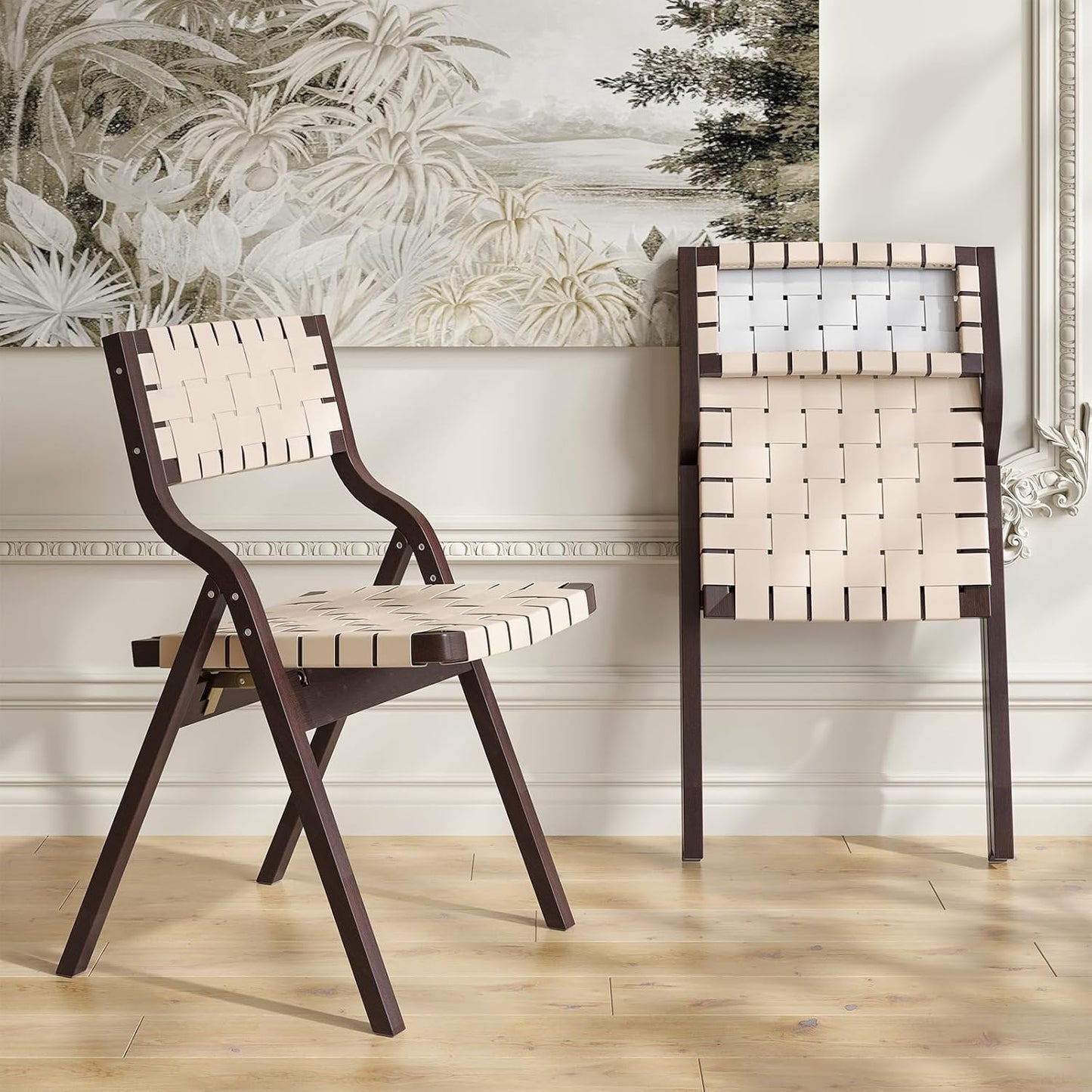 Farini Wood Folding Chairs, Foldable Chairs Wooden Indoor Stackable Dining Chairs for Kitchen & Dining Room Chair Woven Seat & Webbing Back, Dining Chair Set of 2, PU Leather