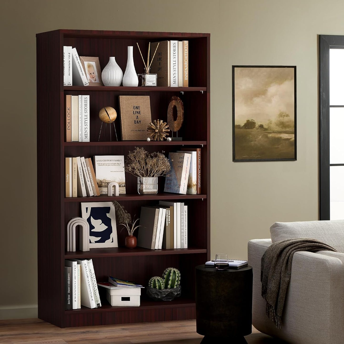 Farini 5 Shelf Bookcase,60 Inch Wood Tall Bookshelves for Living Room