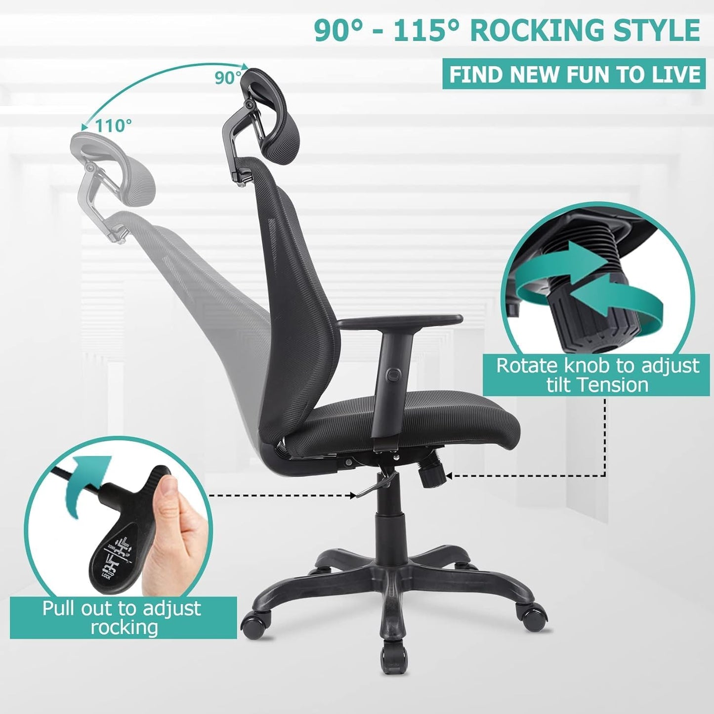 Farini Ergonomic Office Chair with Adjustable Headrest and Armrest, Mesh Swivel Desk Chair with Storage Function for Work, Gaming