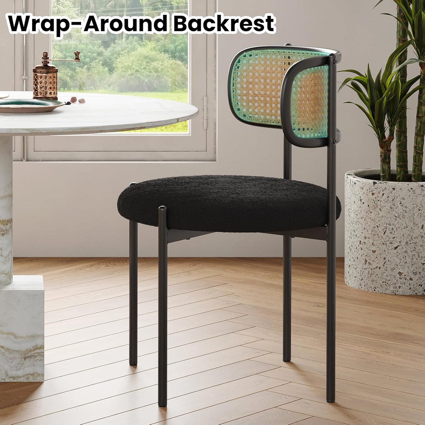 Farini Modern Upholstered Dining Chairs Set of 2,Rattan Back Dining Room Chairs,Accent Kitchen Chairs with Metal Legs,Black