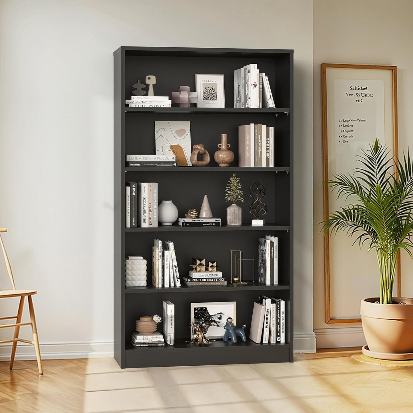 Farini 5 Tiers Bookcase, Wooden Bookcase with Adjustable Shelves for Home, Office