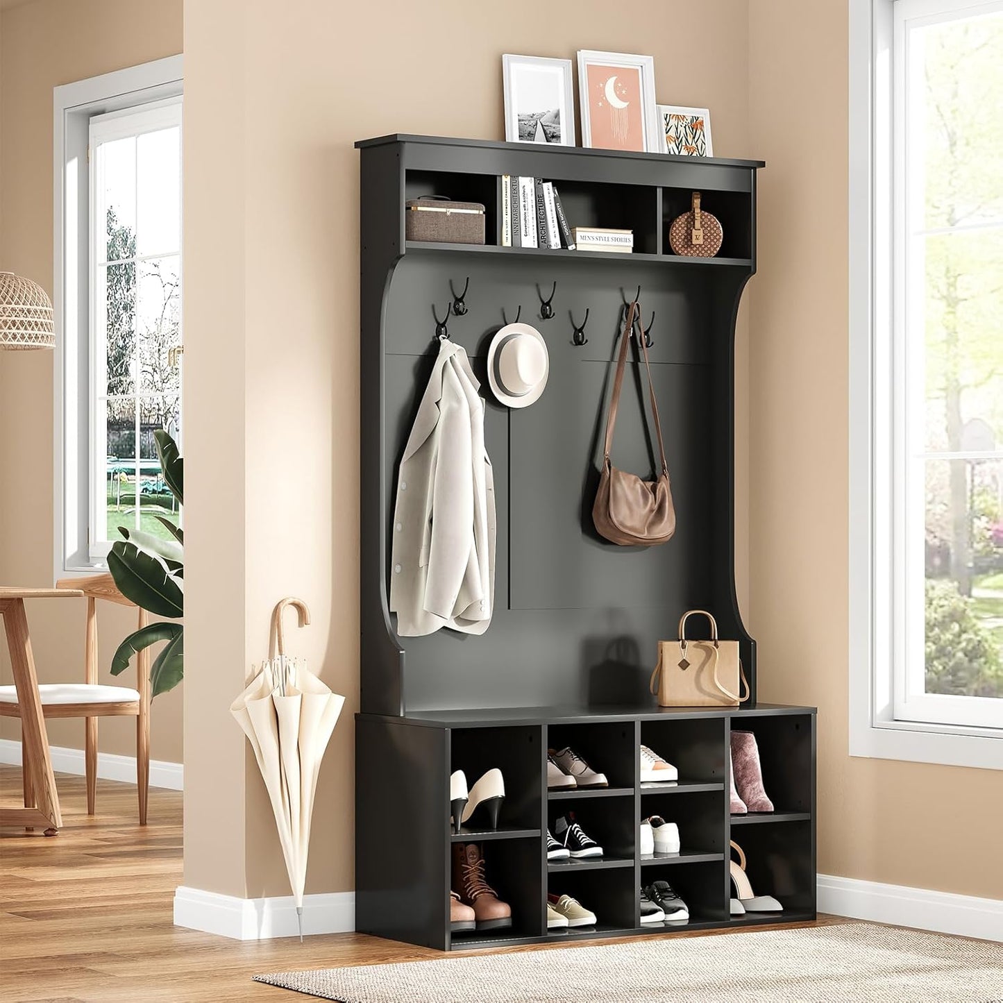 Farini 70.9 Inches Hall Tree With Bench and Shoe Storage for Mud Room, Freestanding Entryway With 7 Coat Racks and Seating, Adjustable Mudroom Storage, Black