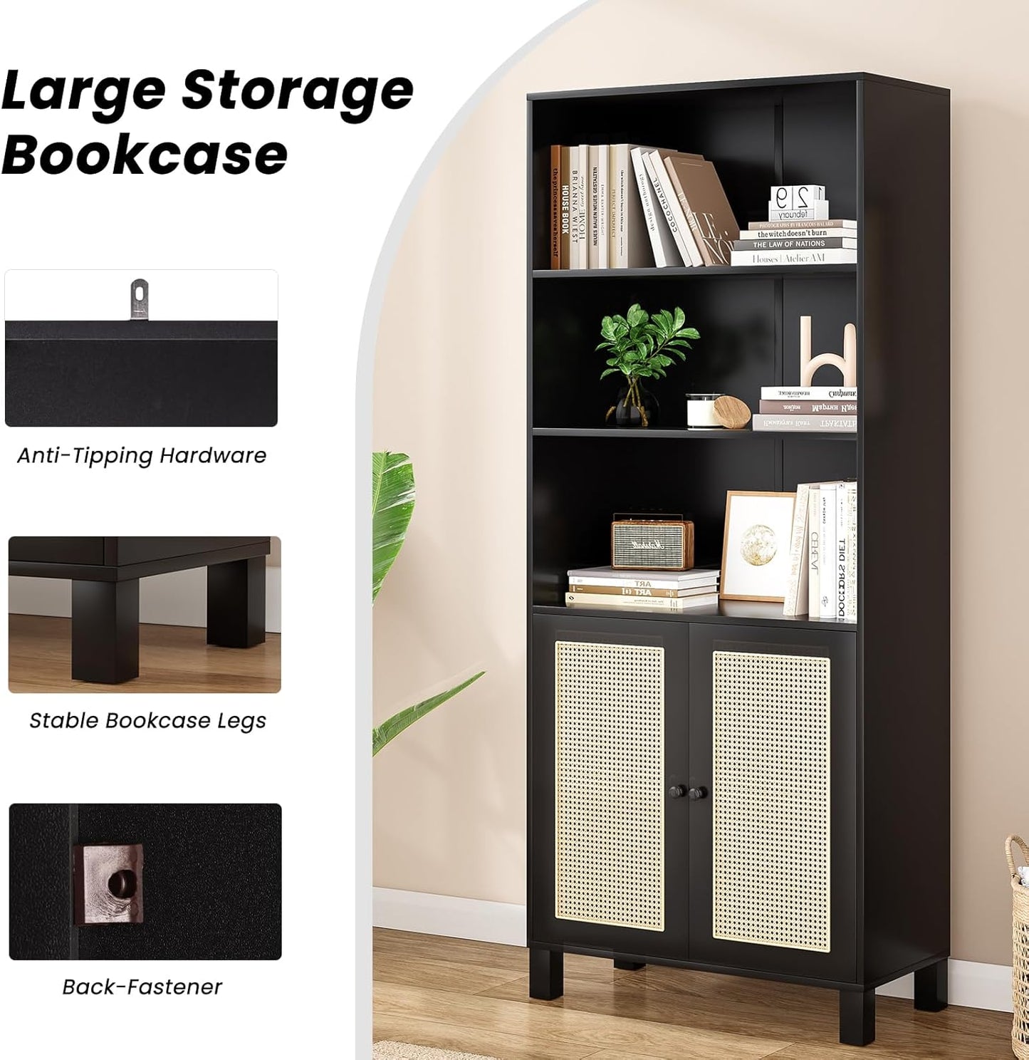 Farini Tall 5 Tier Bookcase, Storage Shelf with Rattan Doors for Living Room, Office, Library
