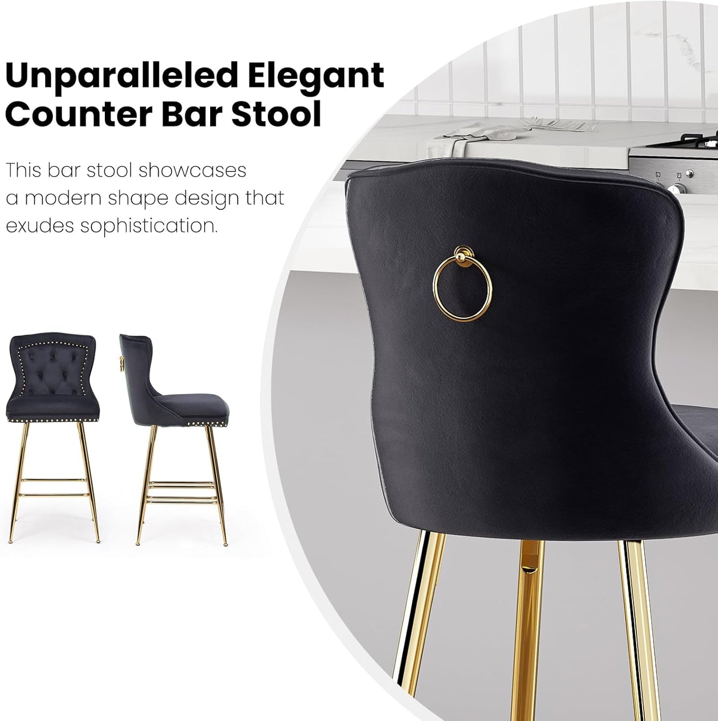 Farini Bar Stools Set of 4, Velvet Counter Height Bar Stools with Metal Legs, Button Tufted and Nailheads Trim, Wing-Back Bar Chairs for Kitchen Island Dining Room Pub
