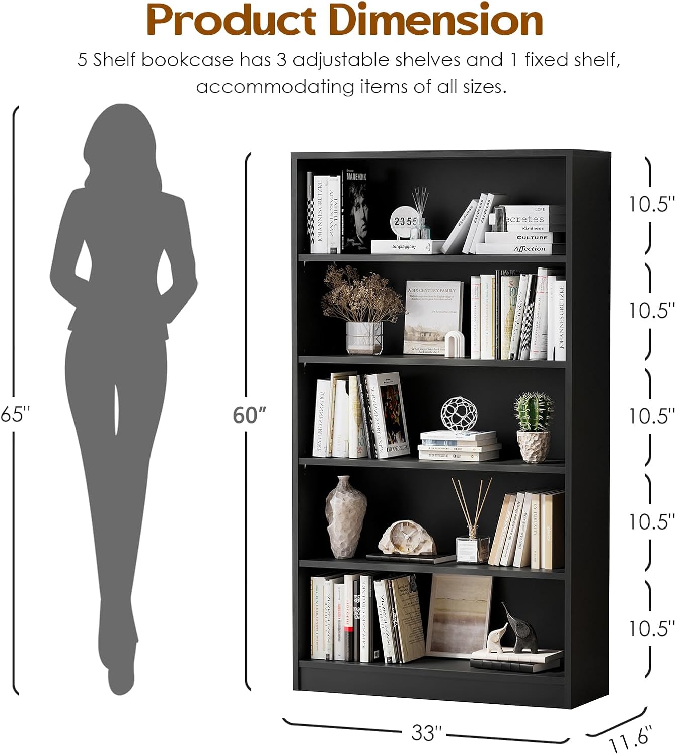 Farini 5 Shelf Bookcase,60 Inch Wood Tall Bookshelves for Living Room