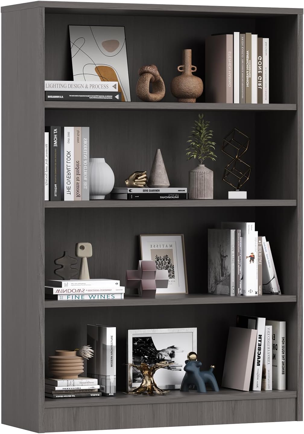 Farini 4 Tiers Bookcase, Wooden Bookcase with Adjustable Shelves for Home, Office