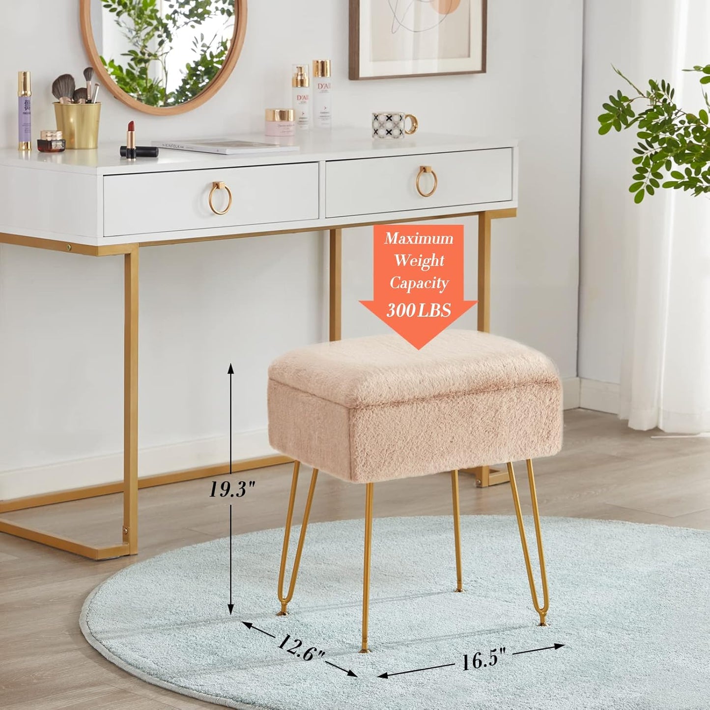 Farini Vanity Chair Storage Ottoman, Faux Fur Makeup Stool, Foot Rest for Living Room, Bedroom, Metal Legs