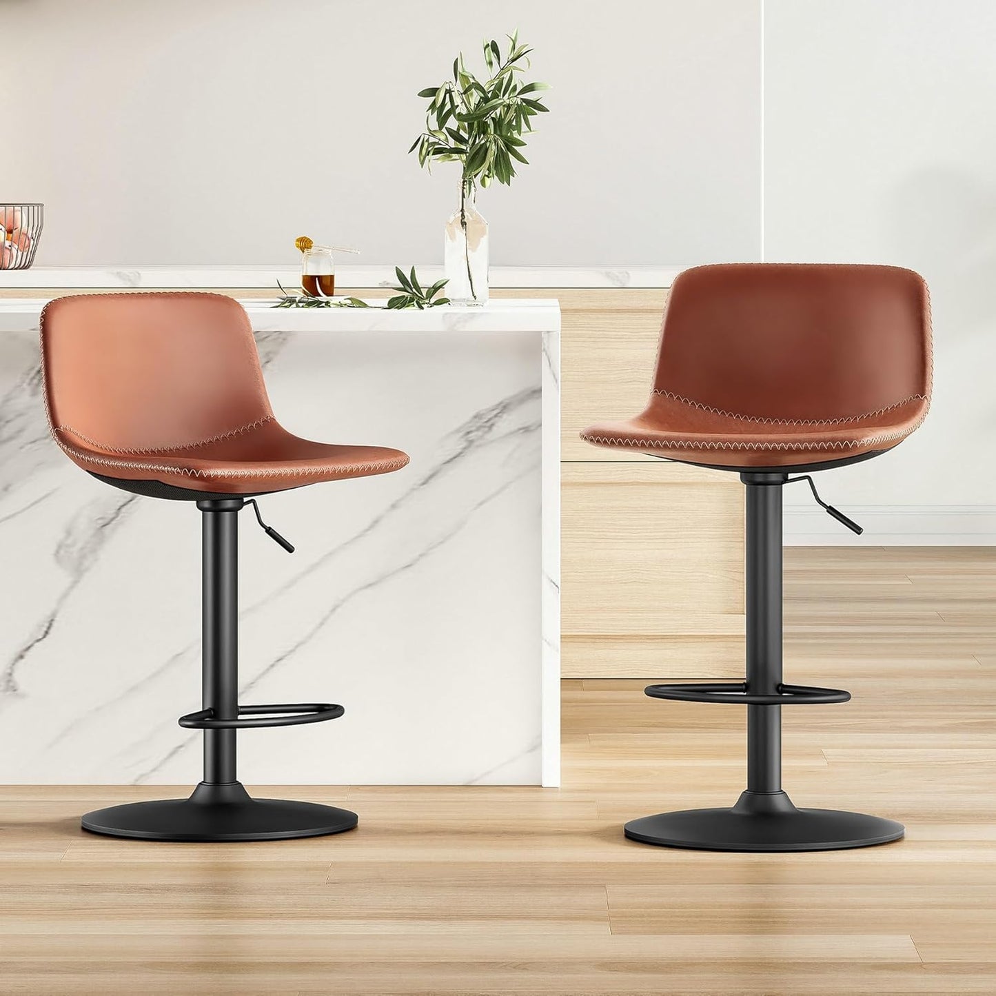 Farini Adjustable Bar Stools Set of 2, Modern Swivel Bar Stools, Bar Height Stools with Back Support, Pu Leather Bar Stool for Kitchen Island Counter