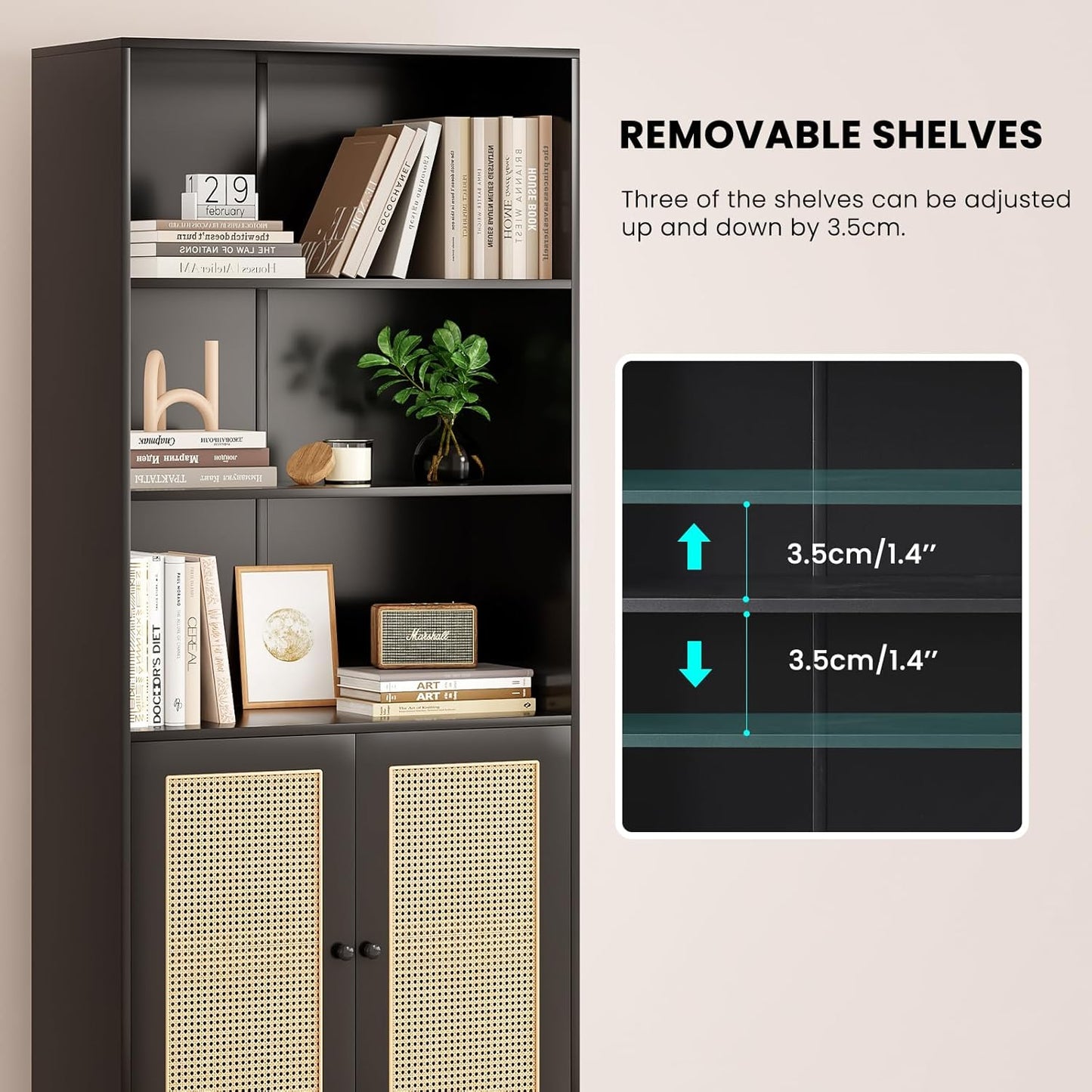 Farini Tall 5 Tier Bookcase, Storage Shelf with Rattan Doors for Living Room, Office, Library