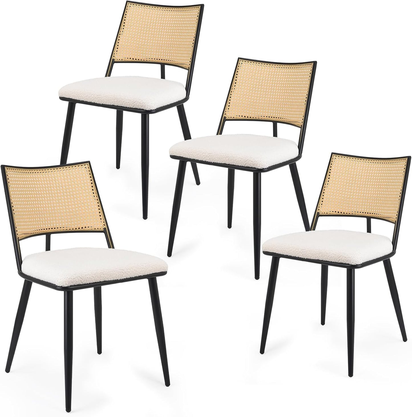Farini Dining Chairs Set of 2 or 4, Mid-Century Modern Kitchen Chairs with Rattan Backrest & Metal Frame, Boucle Upholstered Accent Chairs for Dining Room, Kitchen, Living Room