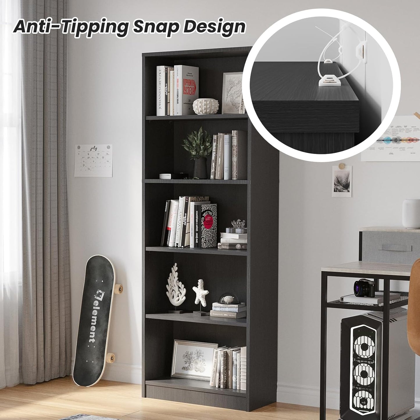 Farini Bookcase Freestanding 5 Shelf Wood Bookshelf Adjustable Shelves for Home Office,5 Layer