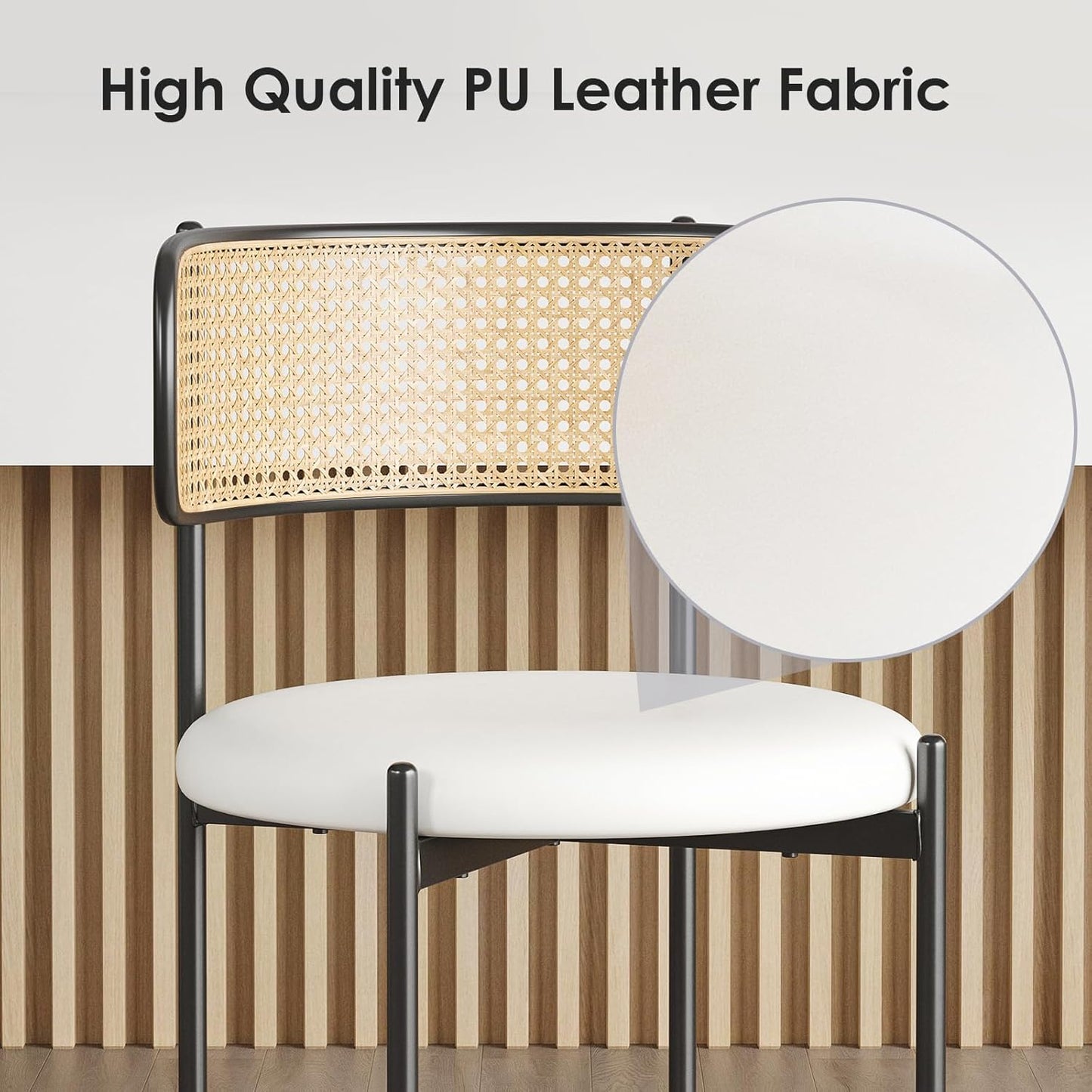 Farini Dining Chairs Set of 4, PU Leather Upholstered Seat with Woven Rattan Back, Sturdy Metal Legs Modern Side Chairs for Kitchen Living Room Restaurant
