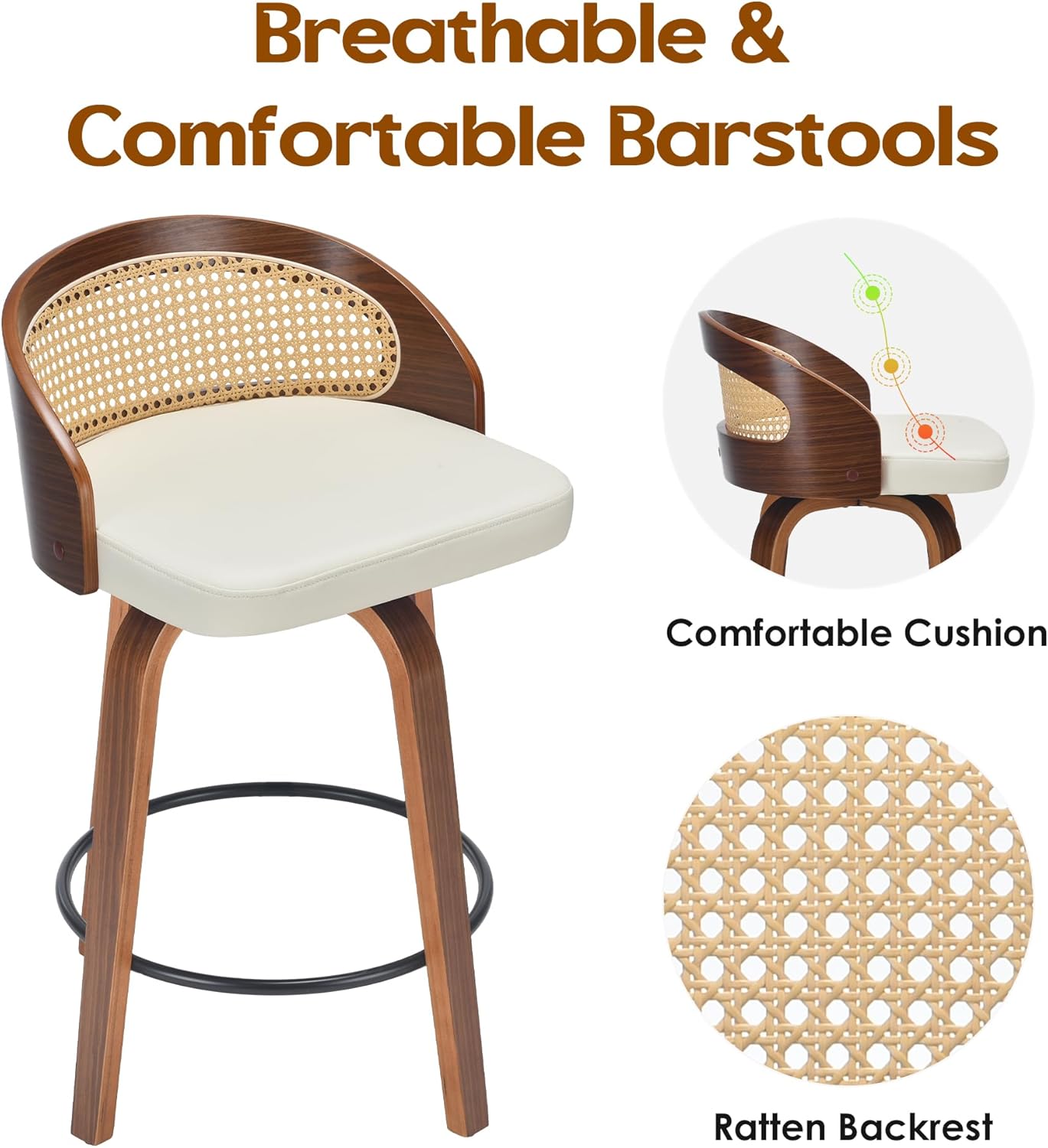 Farini Swivel Bar Stools Set of 2, Modern Wood Frame with Rattan Back, PU Leather Stool for Kitchen Counter, Mid Century Upholstered Barstools with Footrest,Industrial Counter Height Stools