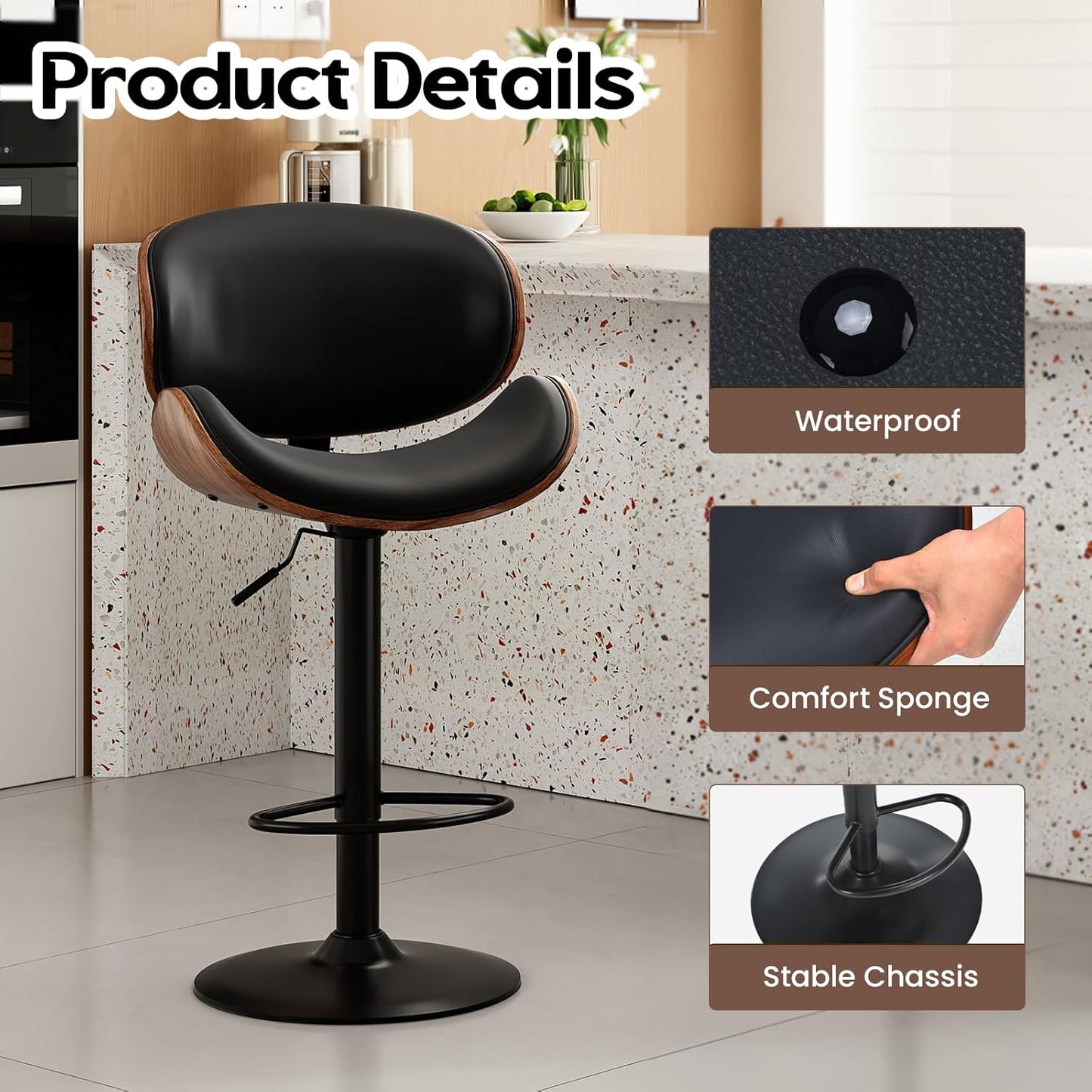 Farini Swivel Bar Stools Set of 4 Adjustable Height Bentwood Barstools with PU Leather Upholstered Seat, Backrest and Footrest,Modern Kitchen Counter Chairs for Bar, Dining Room,Black