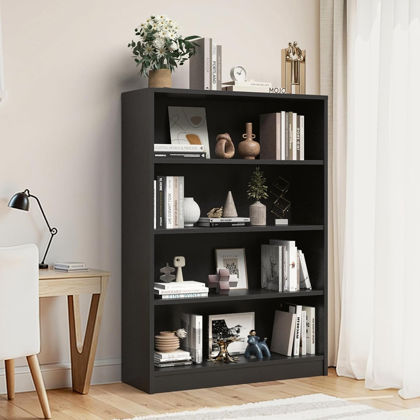 Farini 4 Tiers Bookcase, Wooden Bookcase with Adjustable Shelves for Home, Office