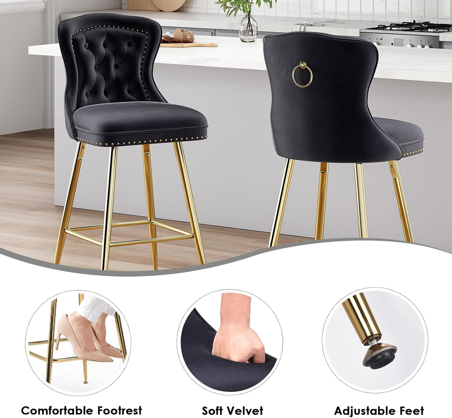 Farini Bar Stools Set of 4, Velvet Counter Height Bar Stools with Metal Legs, Button Tufted and Nailheads Trim, Wing-Back Bar Chairs for Kitchen Island Dining Room Pub