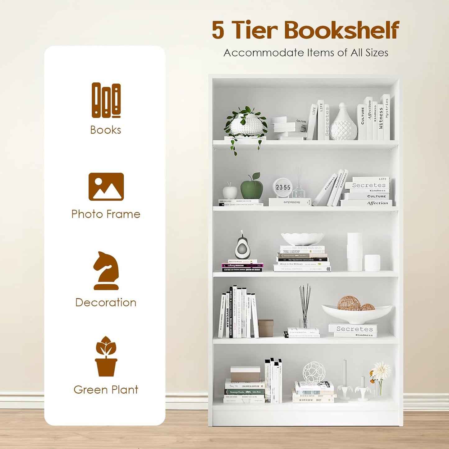 Farini White Bookcase with Adjustable Shelves, 5 Shelf Book Case, Large Tall White Bookshelf for Living Room, Bedroom, 60 in Tall, 33 in Wide, 11.6 in Deep