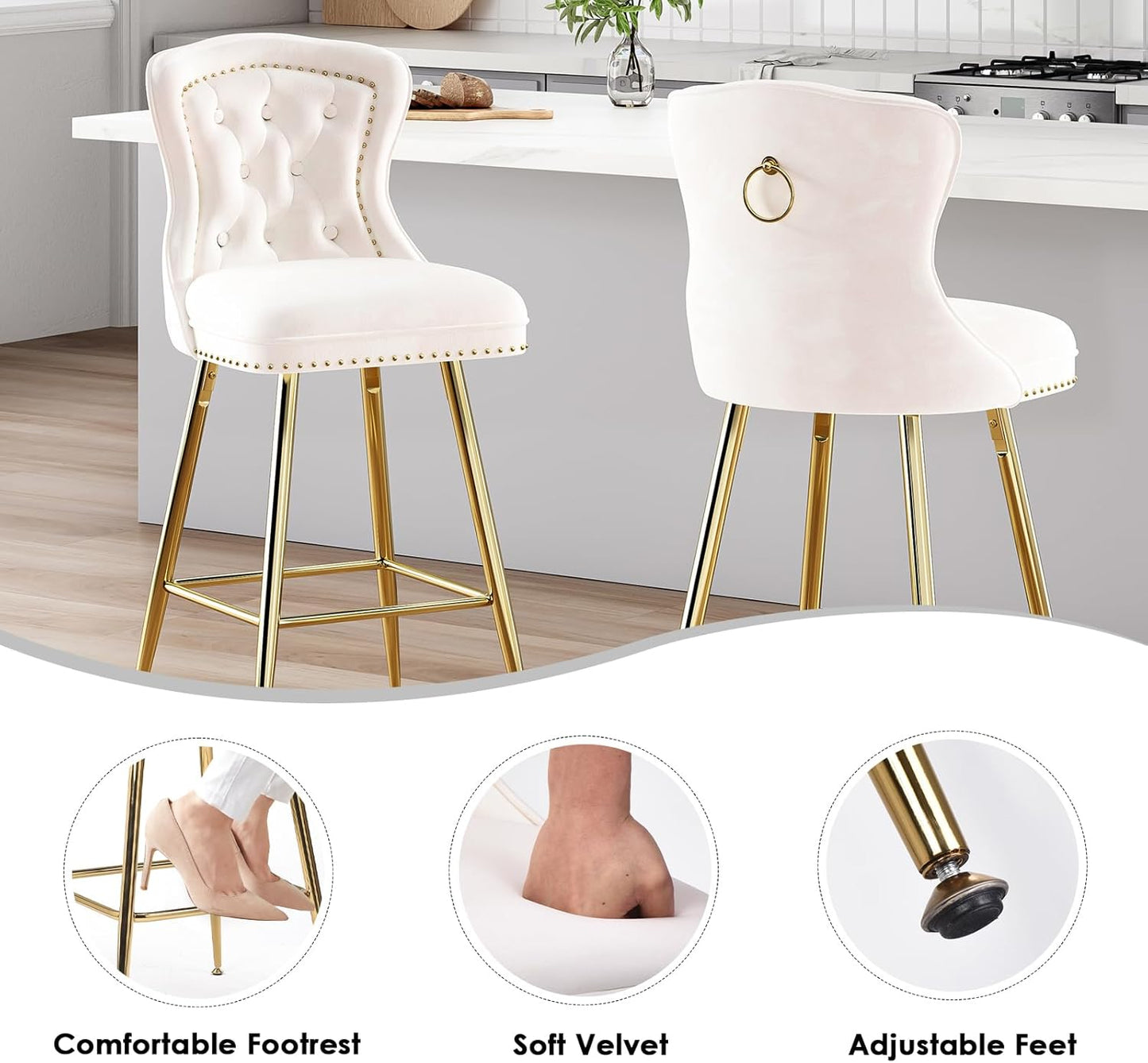 Farini Bar Stools Set of 2, Velvet Counter Height Bar Stools with Metal Legs, Button Tufted and Nailheads Trim, Wing-Back Bar Chairs for Kitchen Island Dining Room Pub