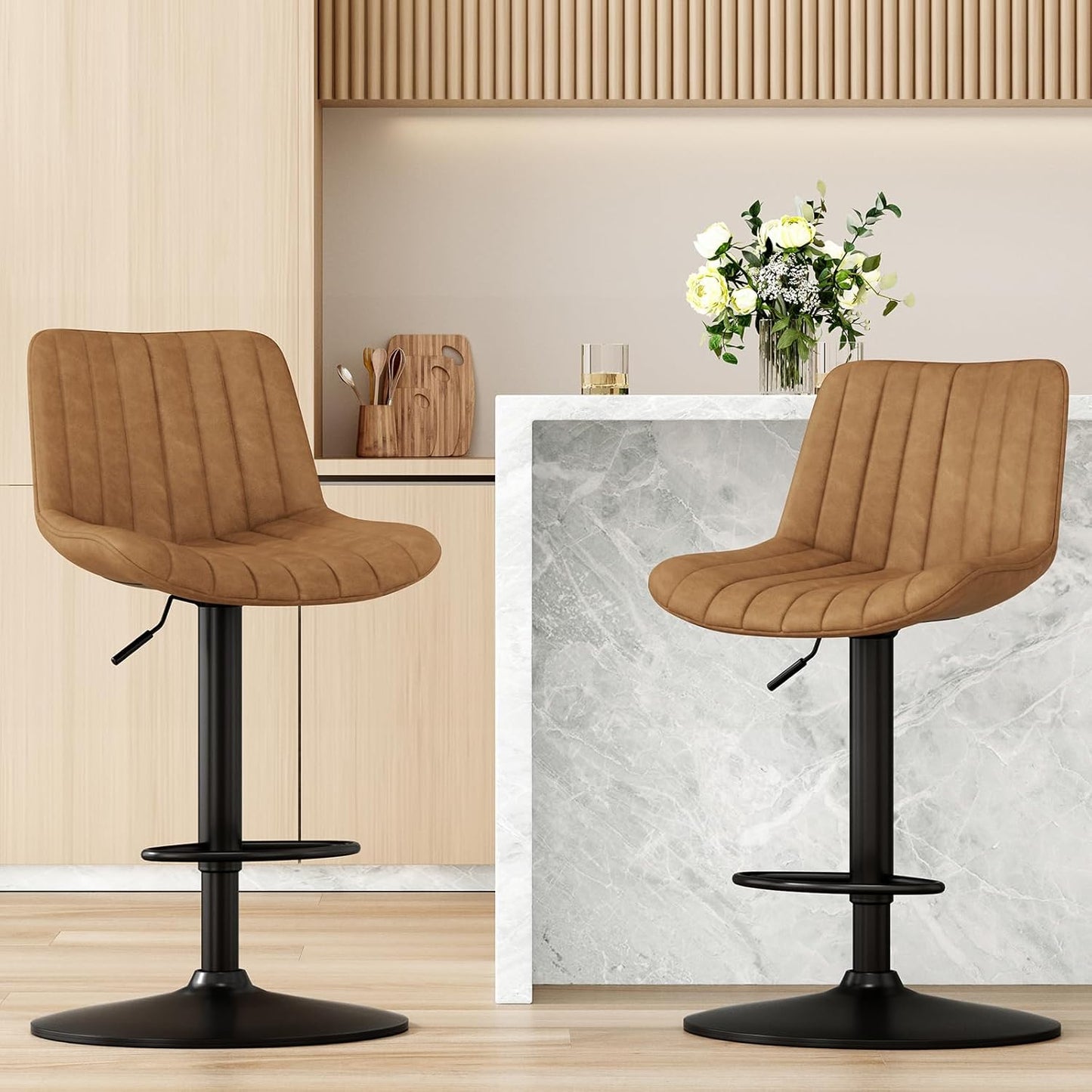 Farini Bar Stools Set of 2, Swivel Adjustable Barstools, Bar Height Stools with Back Support, PU Leather Counter Height Bar Chairs for Kitchen Island Rustic Barstool