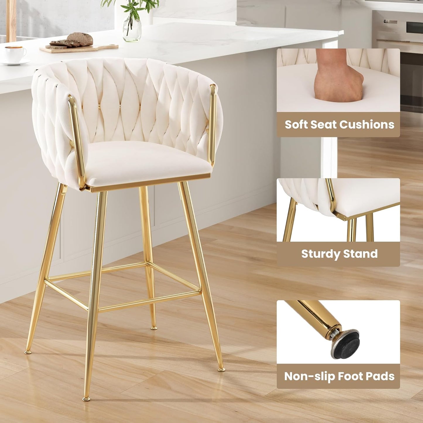 Farini Counter Height Bar Stools Set of 2 or 4, 26 Inch Modern Mid-Century Kitchen Island Stools with Backs & Metal Legs