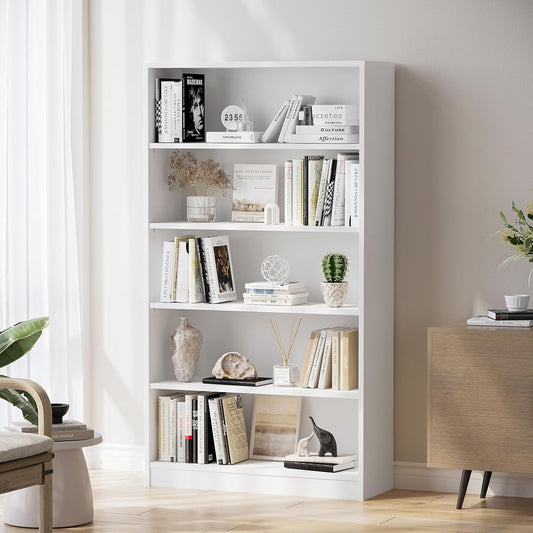 Farini White Bookcase with Adjustable Shelves, 5 Shelf Book Case, Large Tall White Bookshelf for Living Room, Bedroom, 60 in Tall, 33 in Wide, 11.6 in Deep