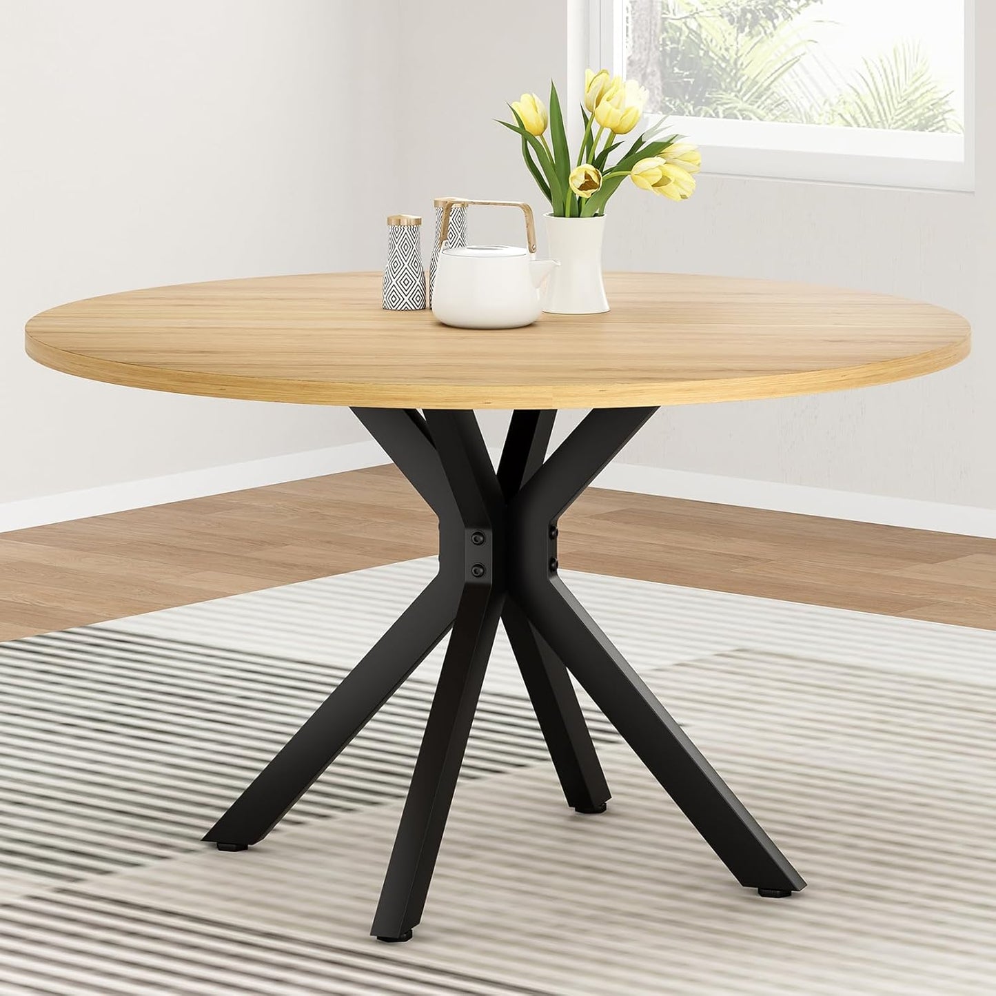 Farini 47.2" Solid Wood Round Dining Kitchen Table for 4-6 People with Intersecting Pedestal Base
