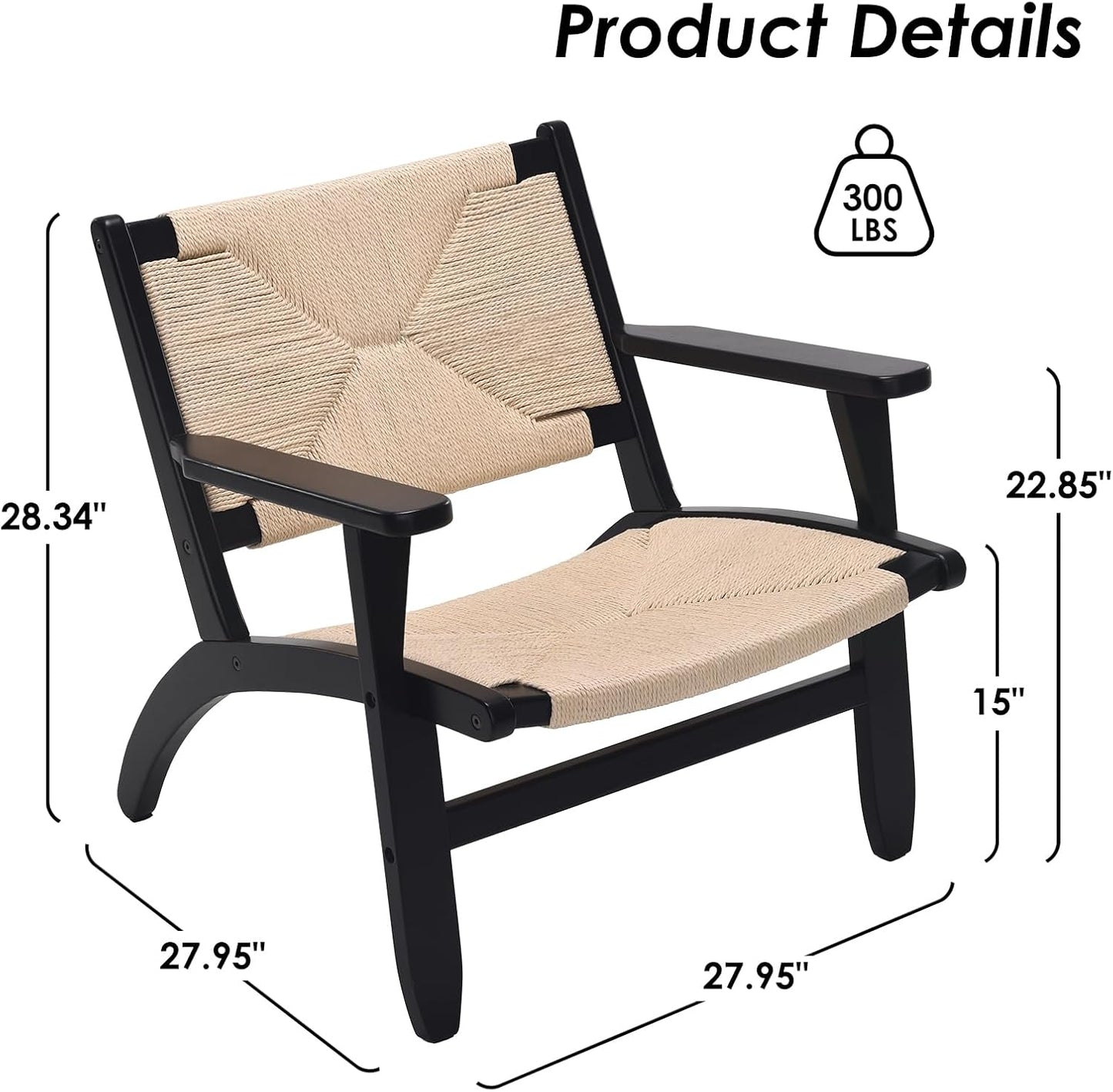 Farini Rubberwood Accent Chair for Living Room,Indoor Mid Century Woven Accent Chair with Arms,Bedroom Side Boho Chair with Kraft Paper Rope