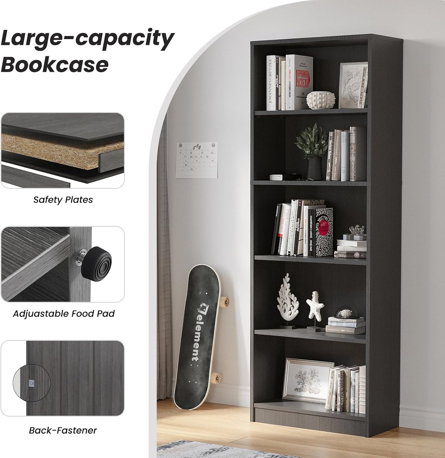 Farini Bookcase Freestanding 5 Shelf Wood Bookshelf Adjustable Shelves for Home Office,5 Layer