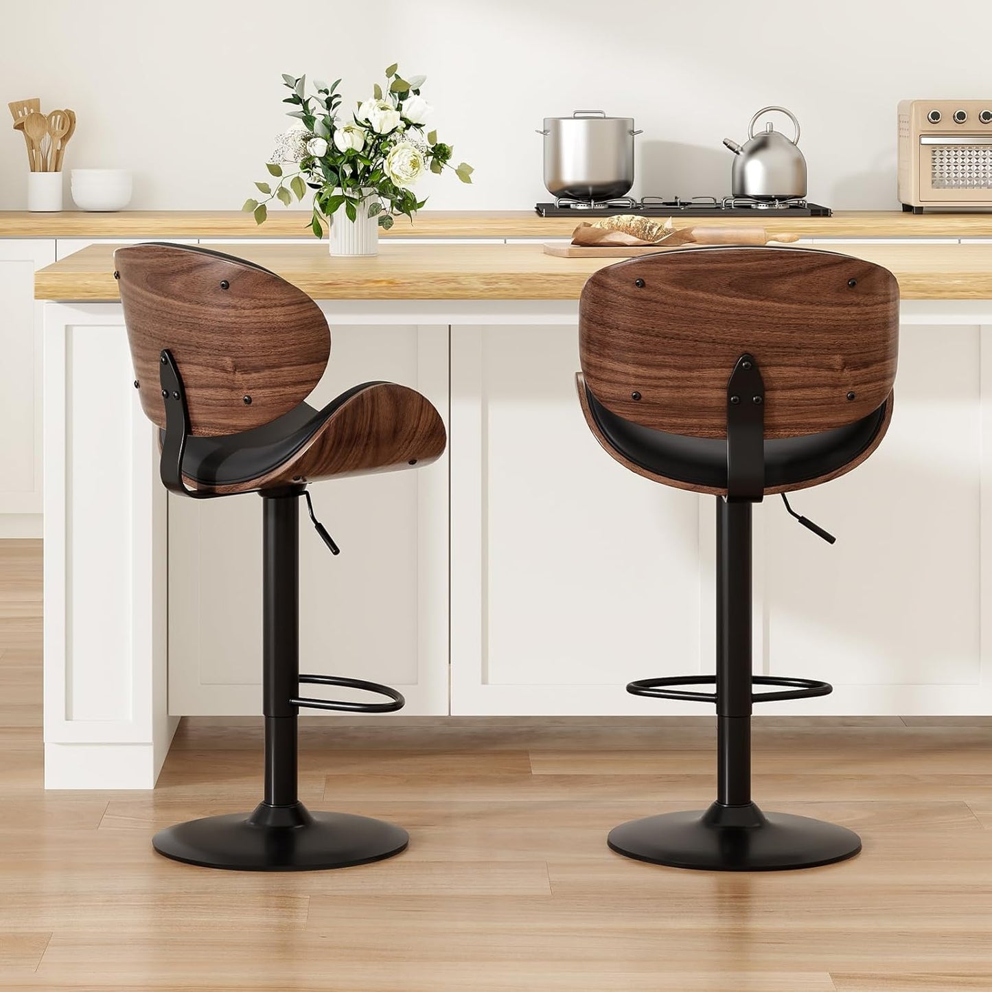 Farini Swivel Bar Stools Set of 4 Adjustable Height Bentwood Barstools with PU Leather Upholstered Seat, Backrest and Footrest,Modern Kitchen Counter Chairs for Bar, Dining Room,Black