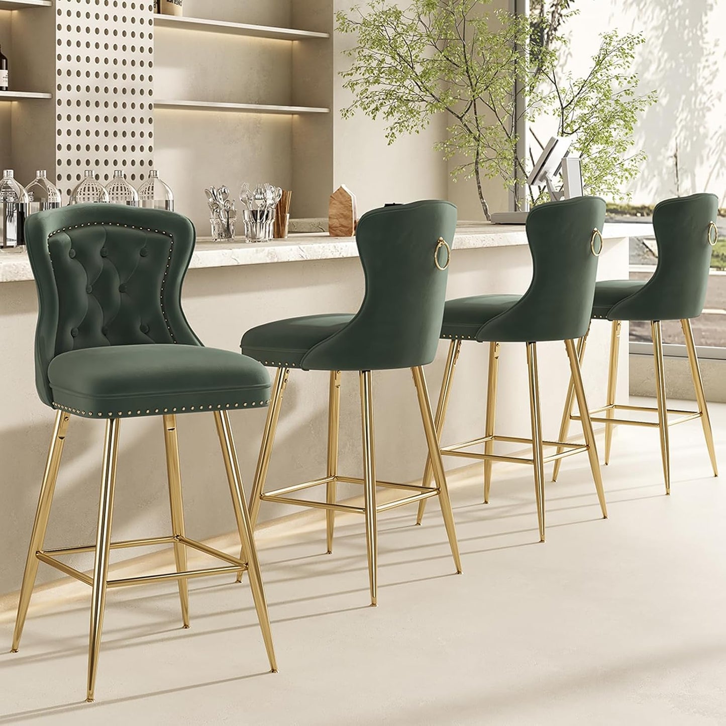 Farini Bar Stools Set of 4, Velvet Counter Height Bar Stools with Metal Legs, Button Tufted and Nailheads Trim, Wing-Back Bar Chairs for Kitchen Island Dining Room Pub