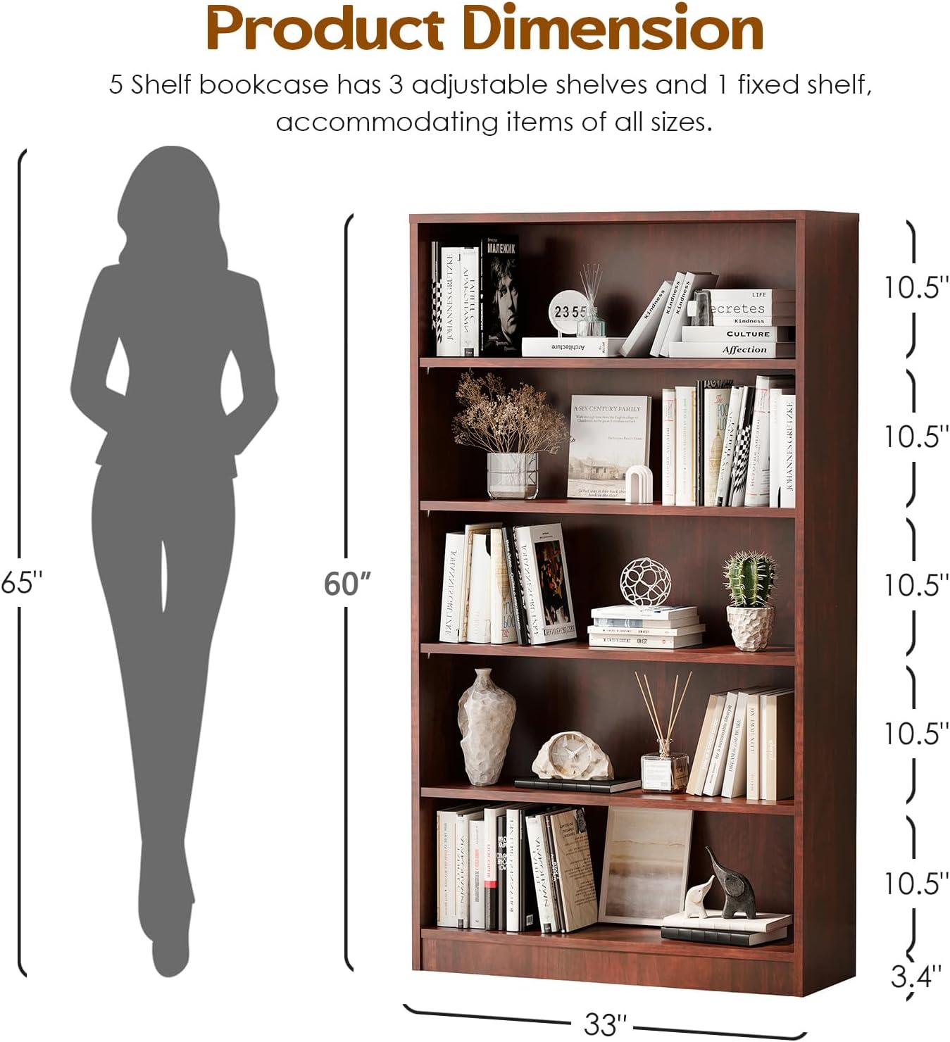 Farini 5 Shelf Bookcase,60 Inch Wood Tall Bookshelves for Living Room