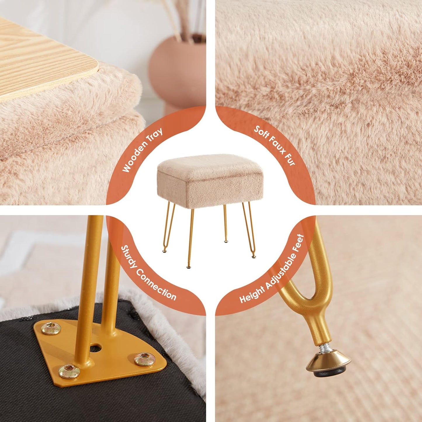 Farini Vanity Chair Storage Ottoman, Faux Fur Makeup Stool, Foot Rest for Living Room, Bedroom, Metal Legs
