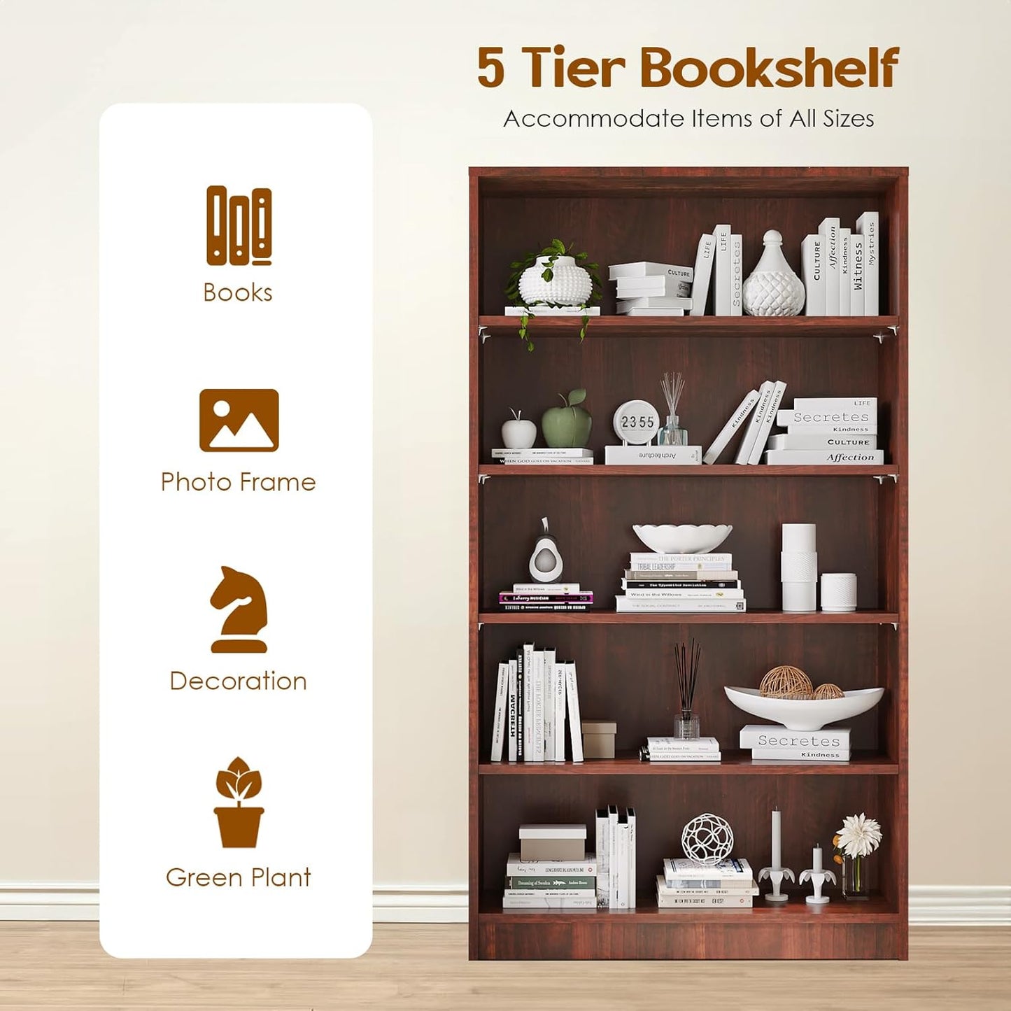 Farini 5 Shelf Bookcase,60 Inch Wood Tall Bookshelves for Living Room