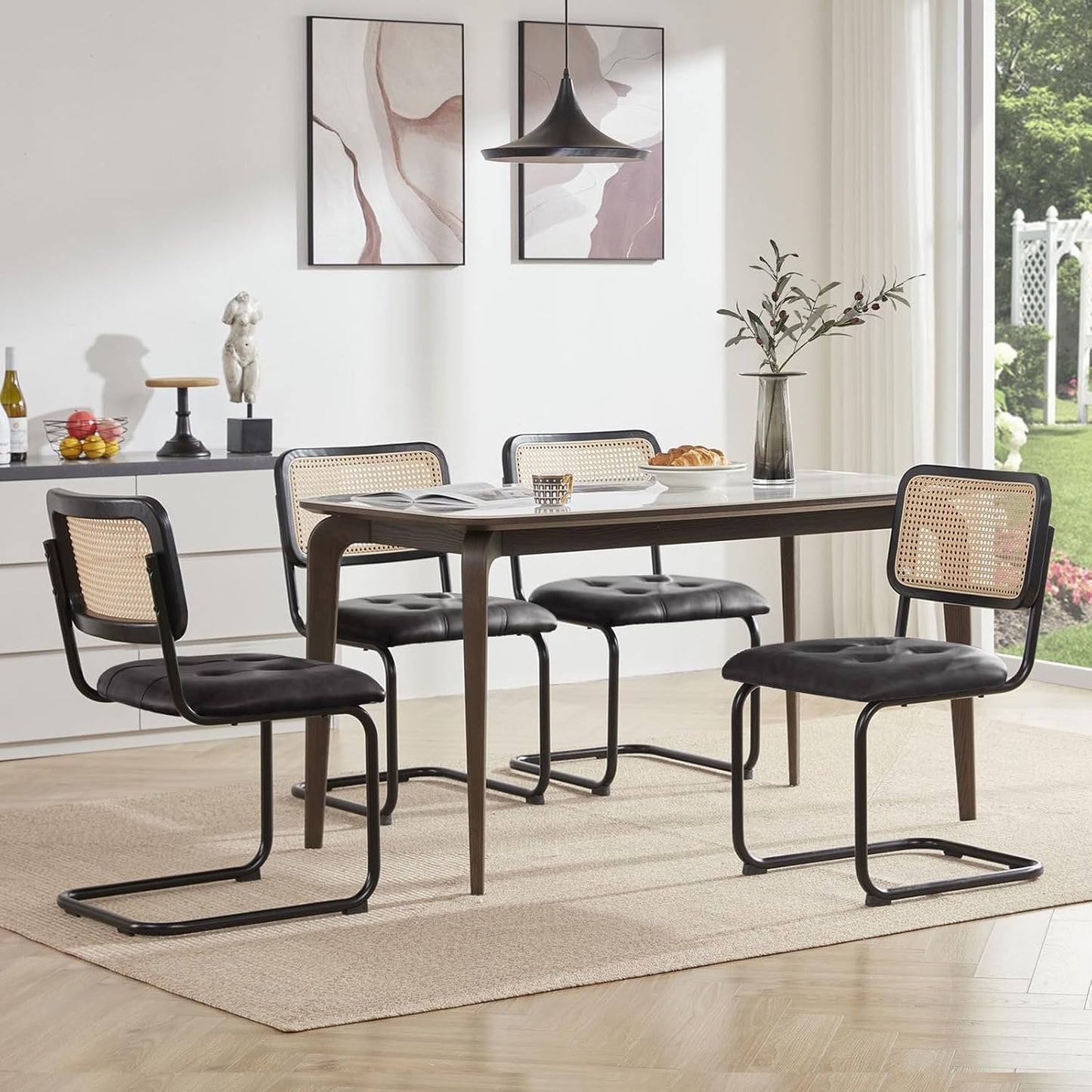 Farini Dining Chairs Set of 2, Mid-Century Modern Kitchen Chairs with Rattan Backrest & Velvet Upholstery