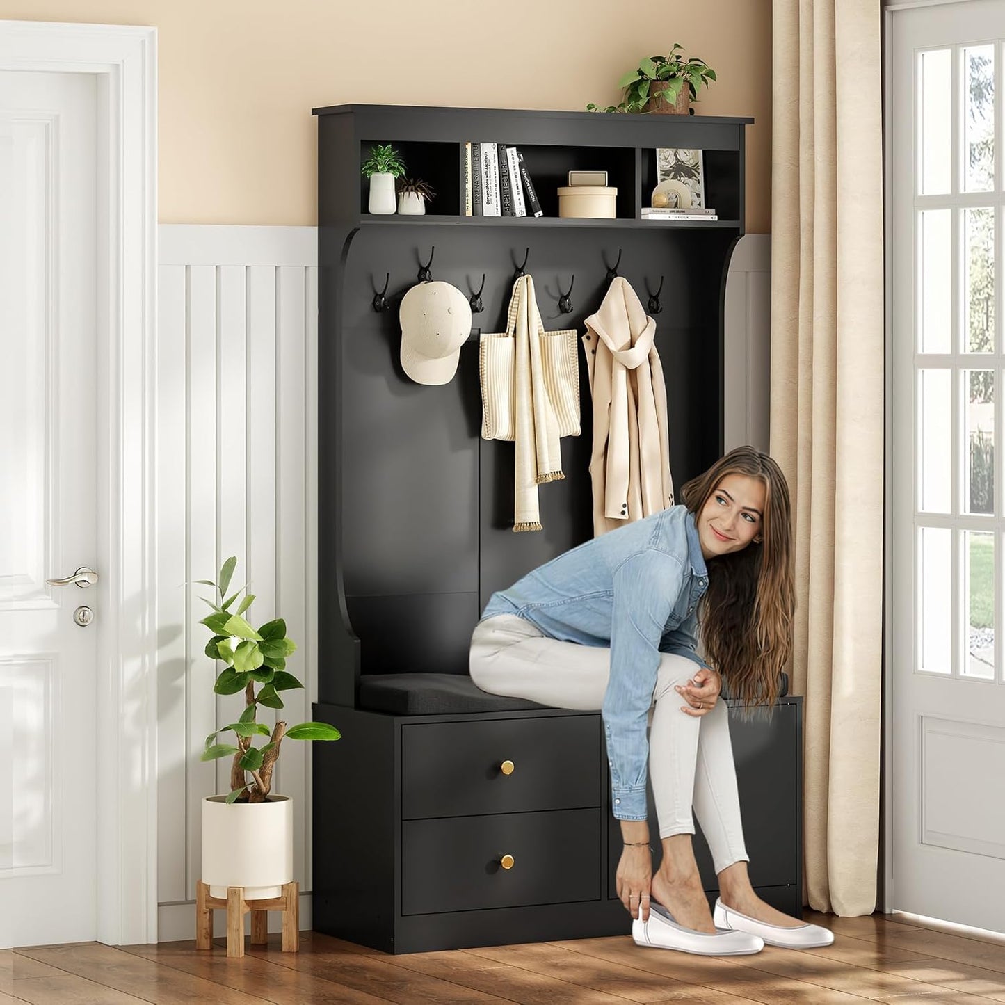 Farini Mud Room Bench with Seating and Shoe Storage, 6-in-1 Farmhouse Hall Tree with 7 Hooks, 70.9" Black