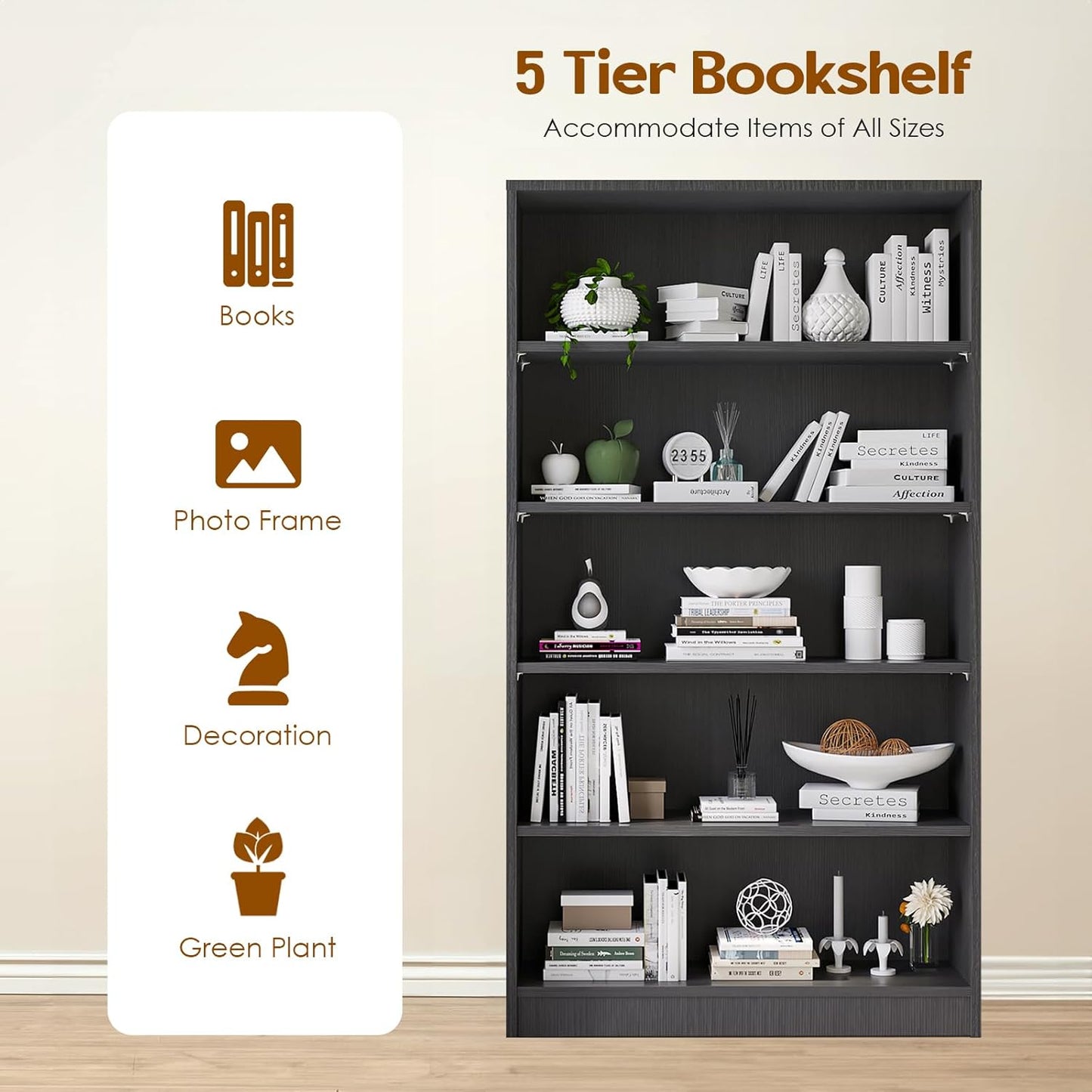 Farini Bookshelf With Adjustable Shelves, 5 Shelf Bookcase for Living Room, Bedroom - Large Tall Wood Book Case, 60 in Tall, 33 in Wide, 11.6 in Deep, Gray