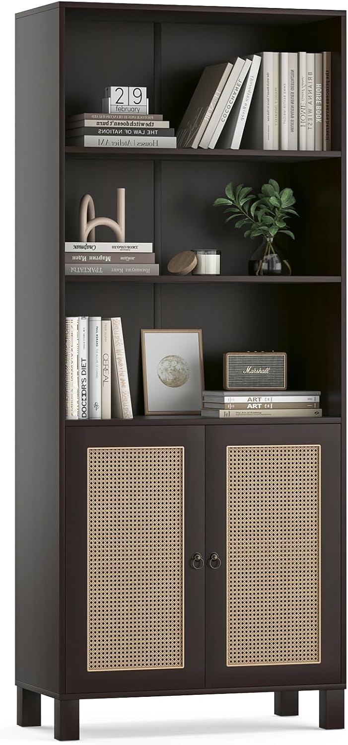Farini Tall 5 Tier Bookcase, Storage Shelf with Rattan Doors for Living Room, Office, Library