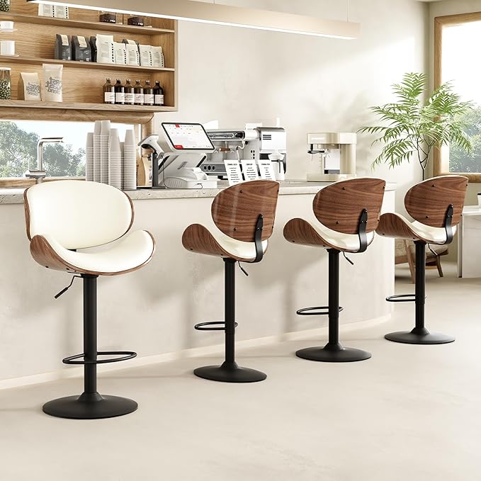 Farini Swivel Bar Stools Set of 4 Adjustable Height Bentwood Barstools with PU Leather Upholstered Seat, Backrest and Footrest,Modern Kitchen Counter Chairs for Bar, Dining Room,Black
